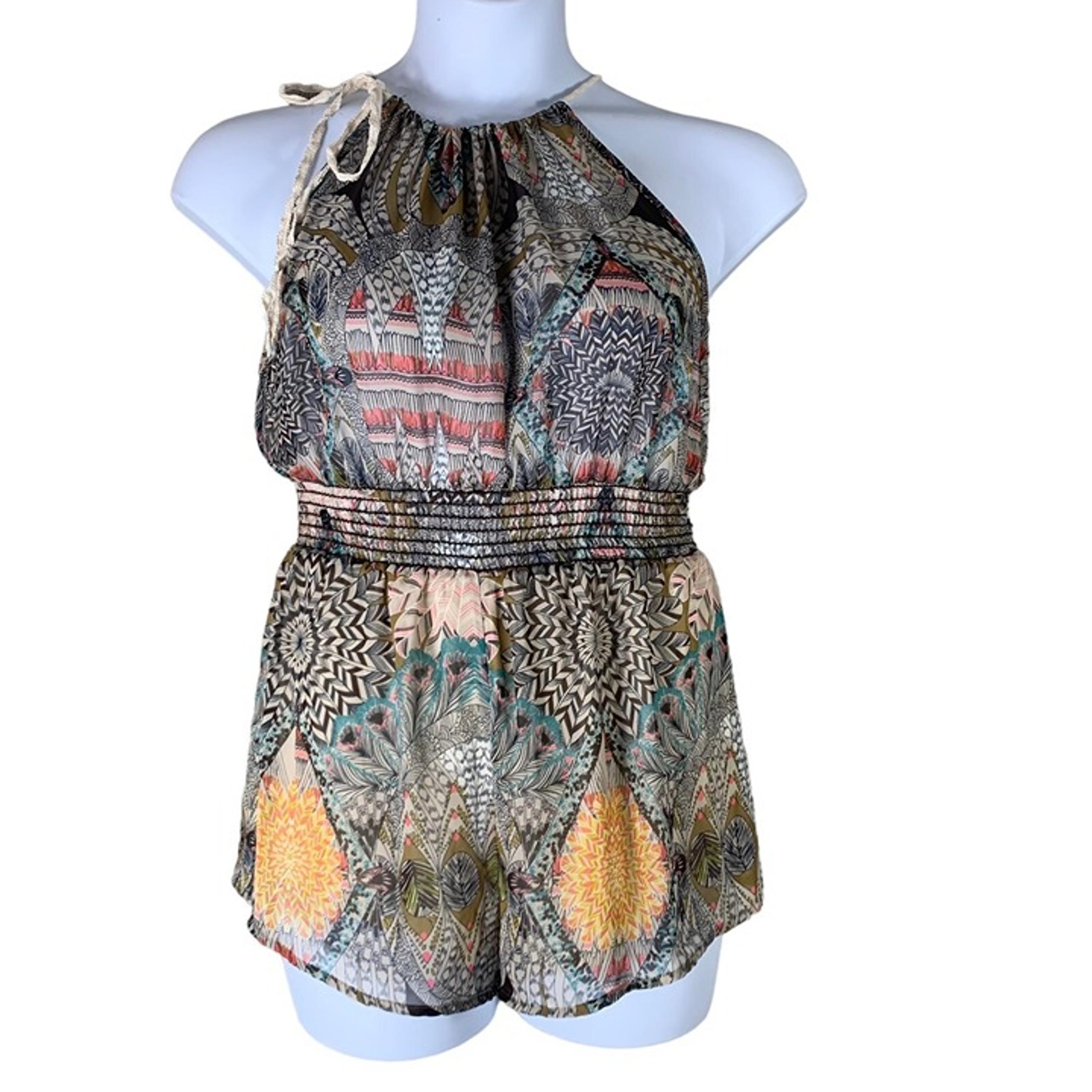 Audrey 3+1 Small Romper Sleeveless Short Semi Sheer Tie Neckline Elastic Waist