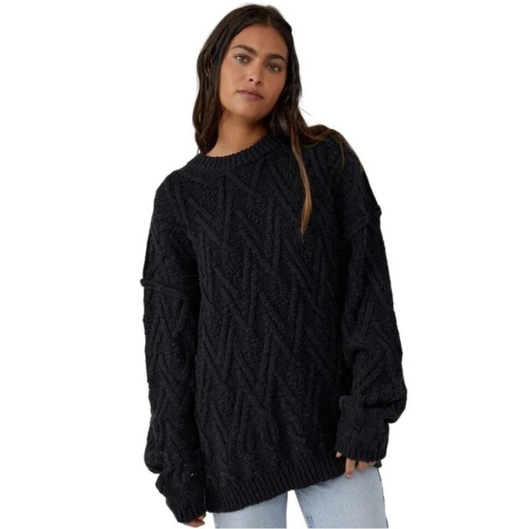 Free People Isla Cable Stitch Tunic Black Sweater Size XS