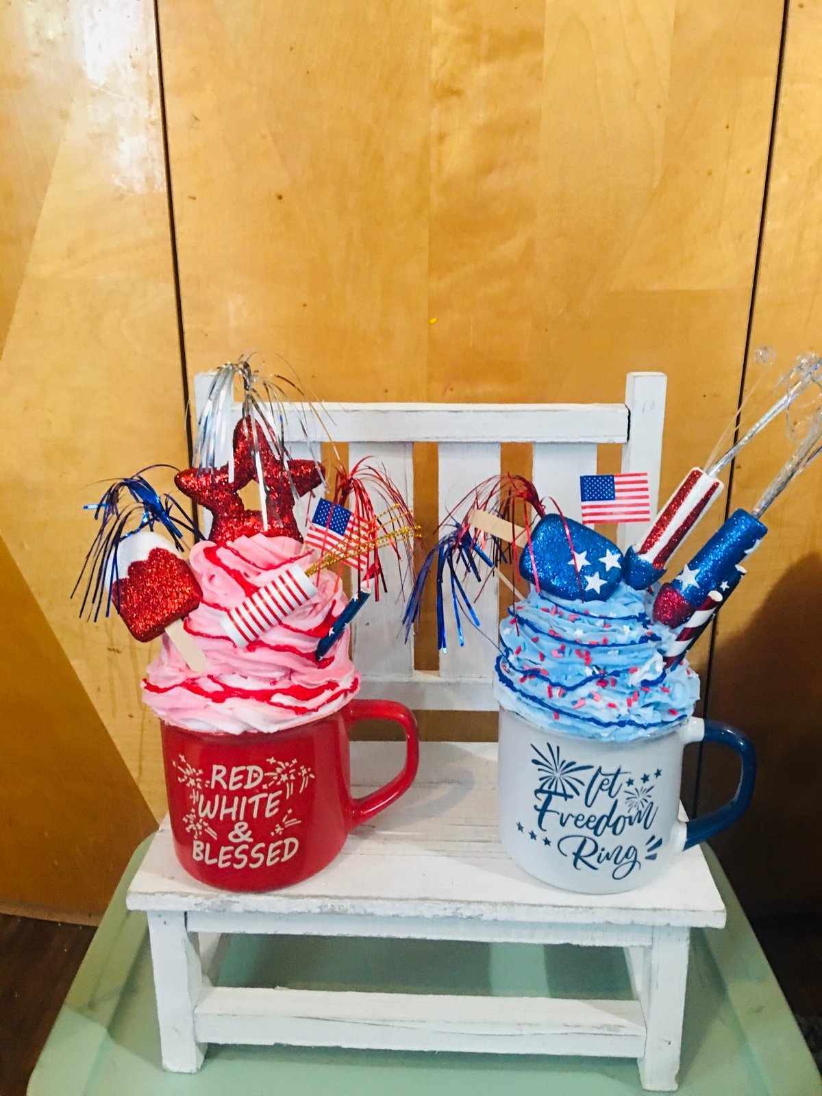 2 Large Ceramic Mug Faux Whip ice cream Patriotic Decor mugs