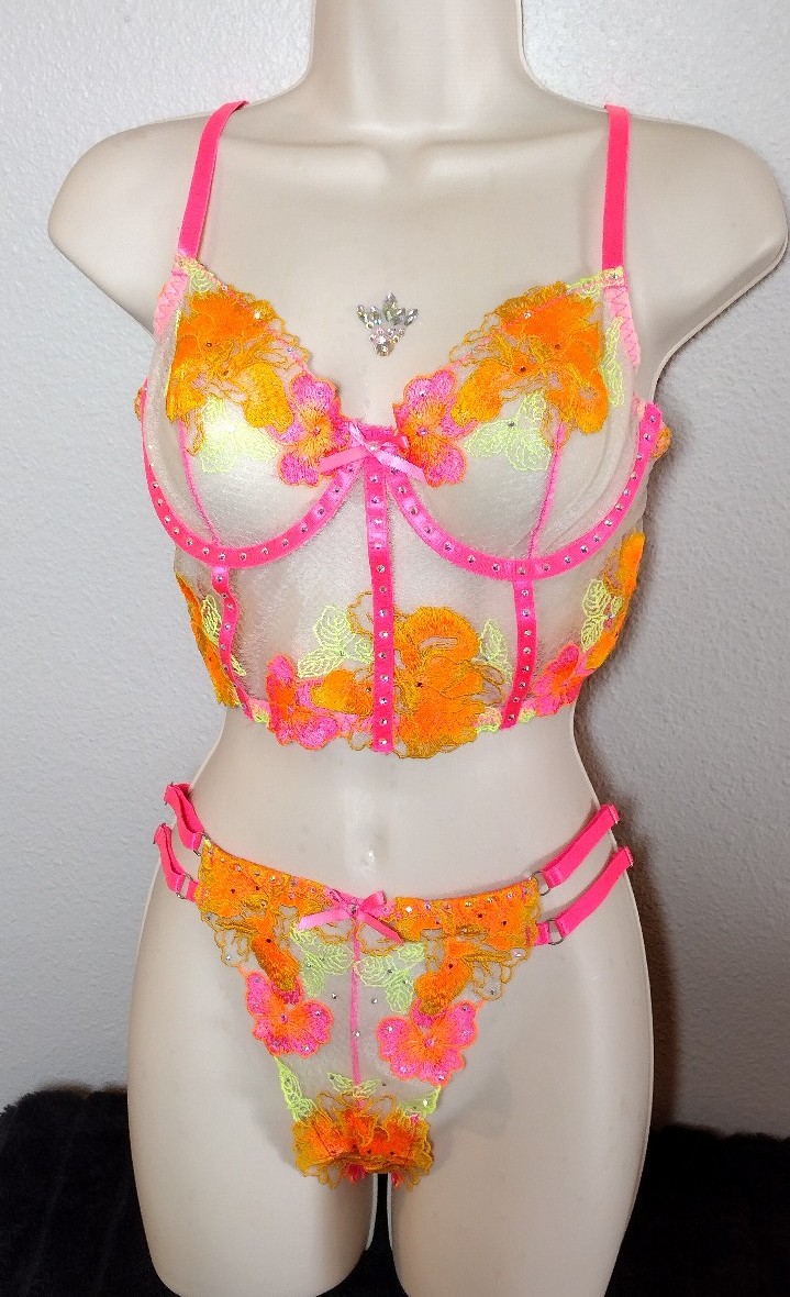 Tropical Bralette Rhinestoned 2 Pc Embroidered Mesh Lingerie Set Exotic Size: M