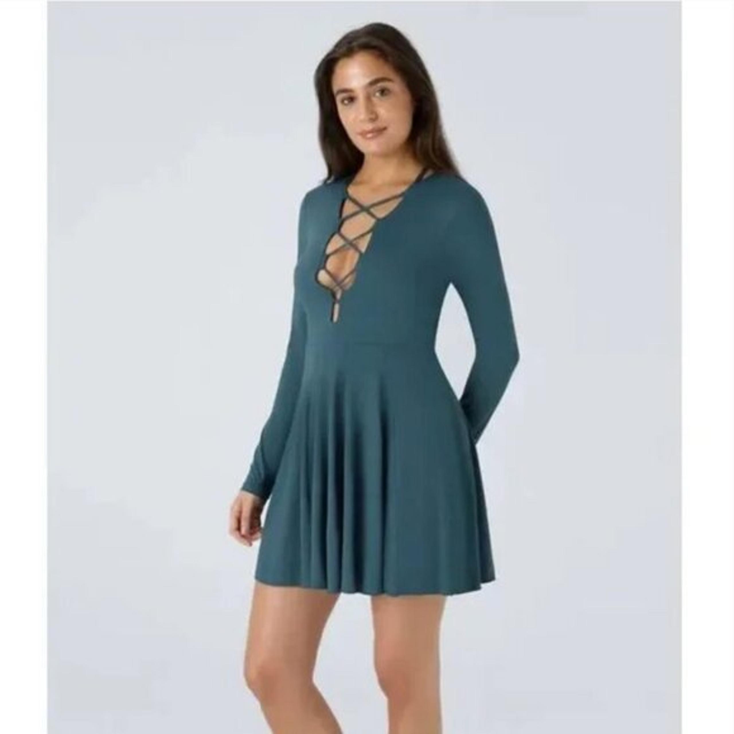 HALARA LACE Up Front Long Sleeve Fit and Flare Active Mini Dress (L) Teal NWT!
