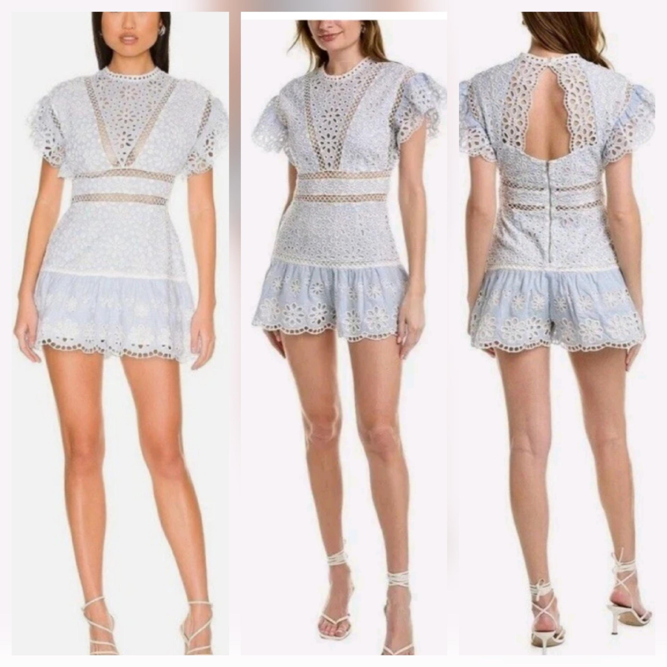 SAYLOR Blue White Shanice Eyelet Romper Dress Ruffle Size Large NWT *FLAWED*