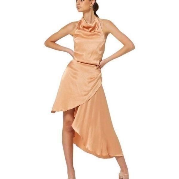 Elliatt Lambent Asymmetric Halter Dress Camel Small NEW MSRP 240