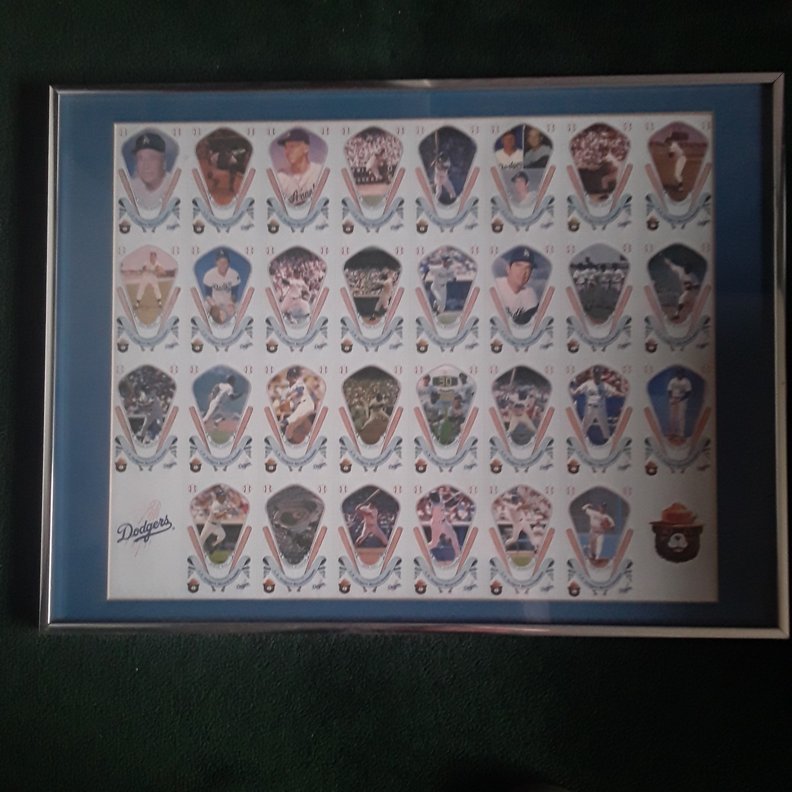 1988 LA Dodgers Record Breakers uncut sheet featuring Smokey the Bear. Framed