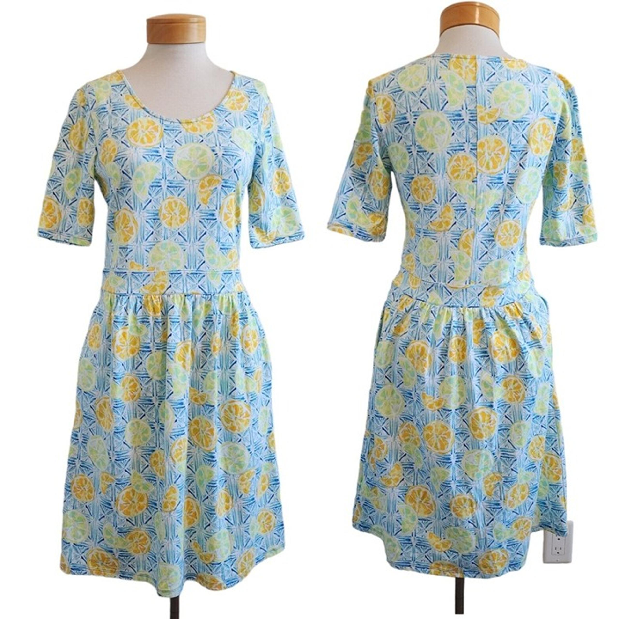 NEW Lands End Lemon Citrus Modal Blend Fit & Flare Dress w/Pockets Small Tall ST