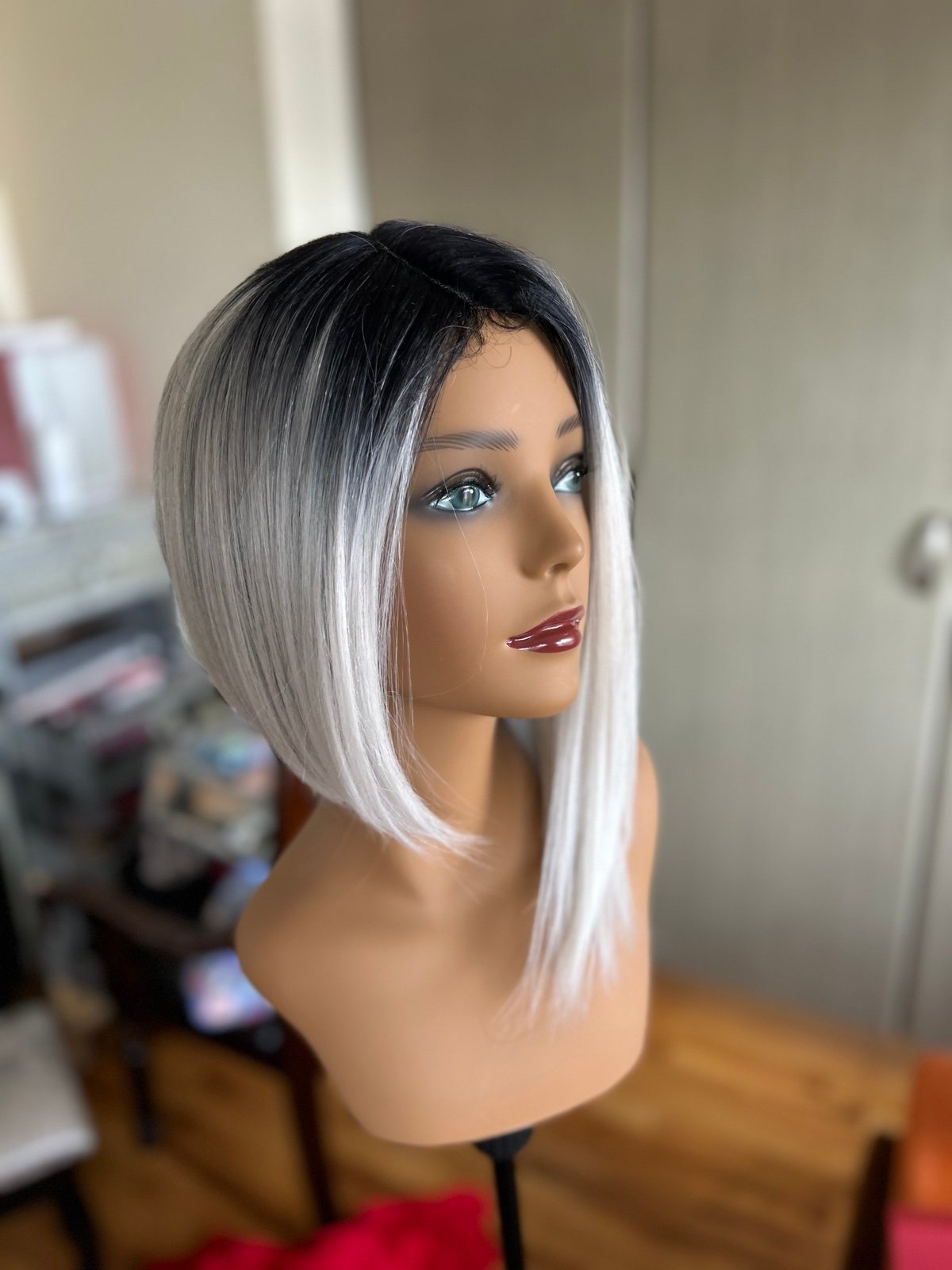 Beautiful platinum blond rooted asymmetrical bob Wig
