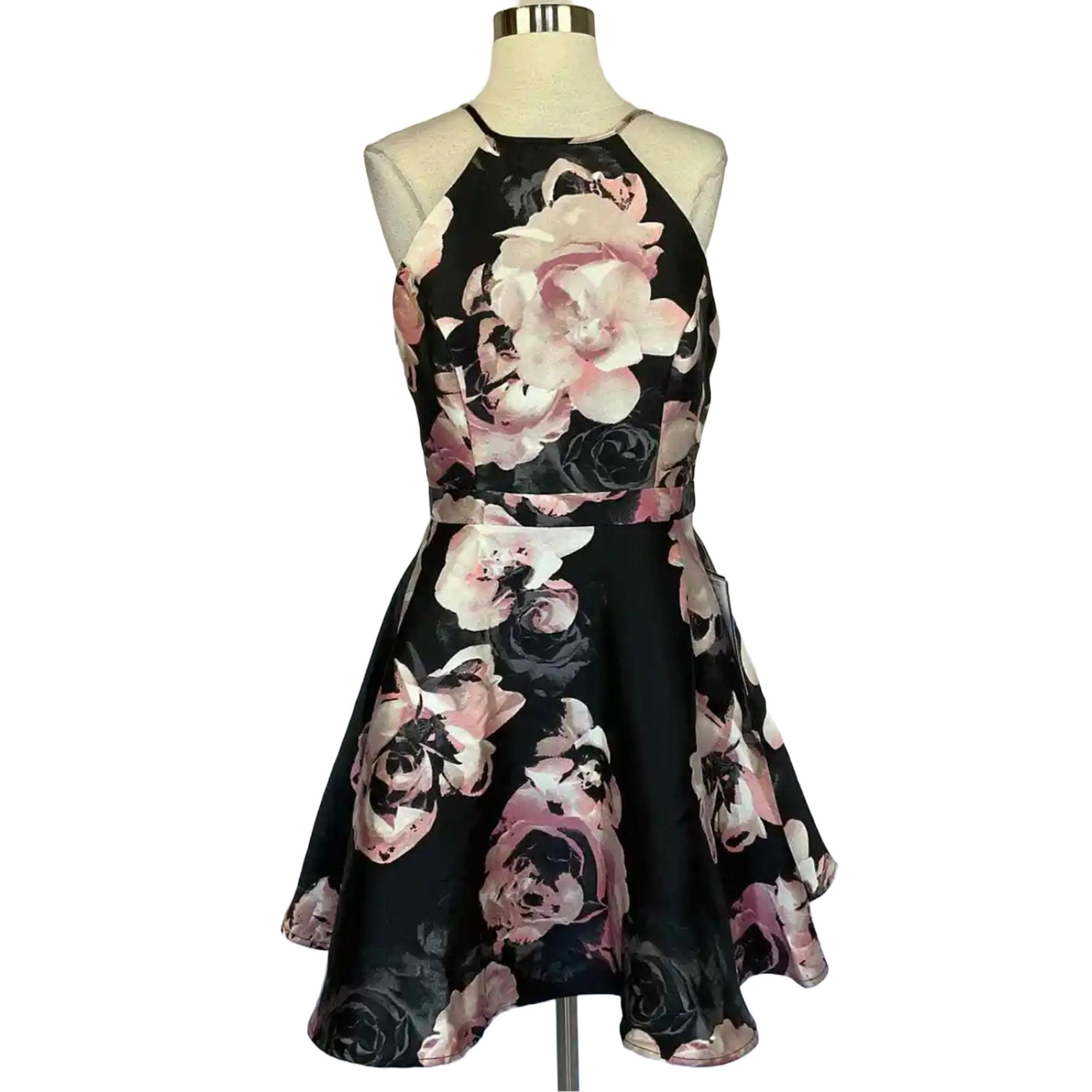XSCAPE Women's Cocktail Dress Size 10 Black Floral Print Backless Fit and Flare