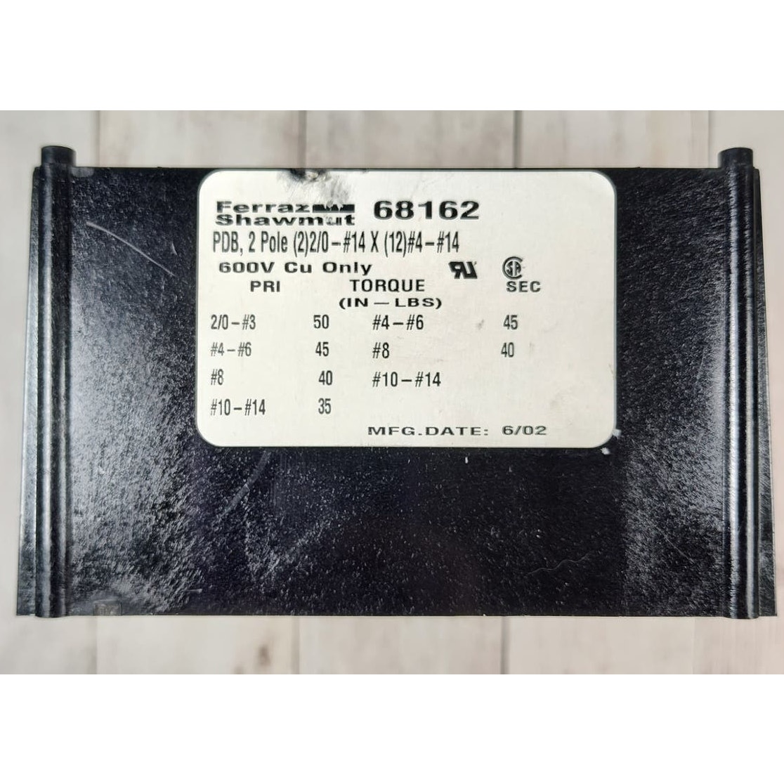 Ferraz Shawmut 68162 Power Distribution Block 2 Pole 600V