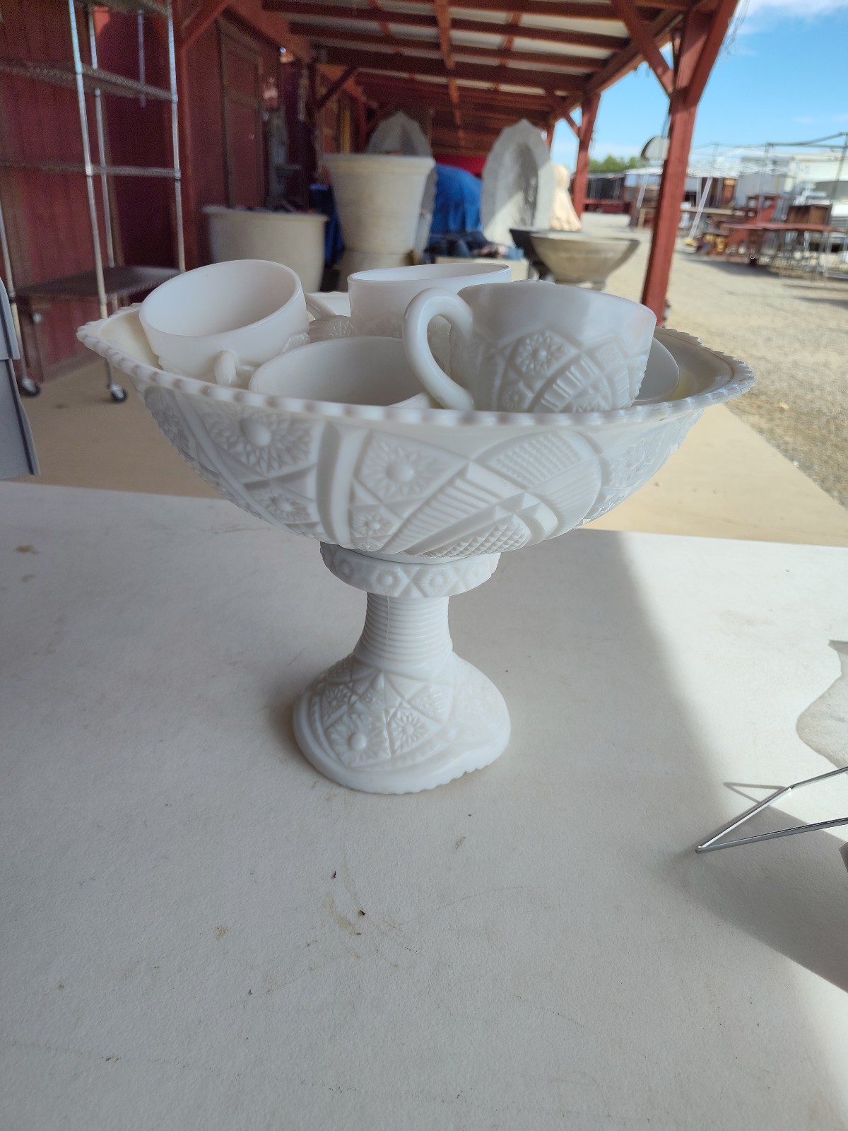 Vintage Westmoreland Milk Glass McKee Concord Pattern Punch Bowl Set