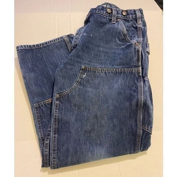 Distressed Carhartt Double knee Blue Denim Pants Relaxed Fit Rugged Flex Utilit