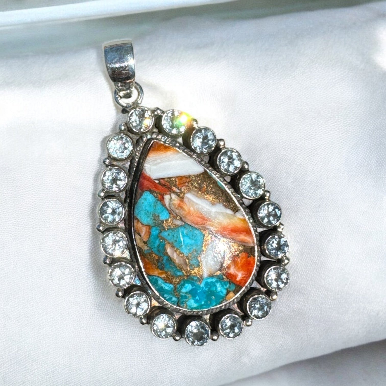 Turquoise & Spiny Oyster & Blue Topaz Solid 925 Sterling Silver Pendant
