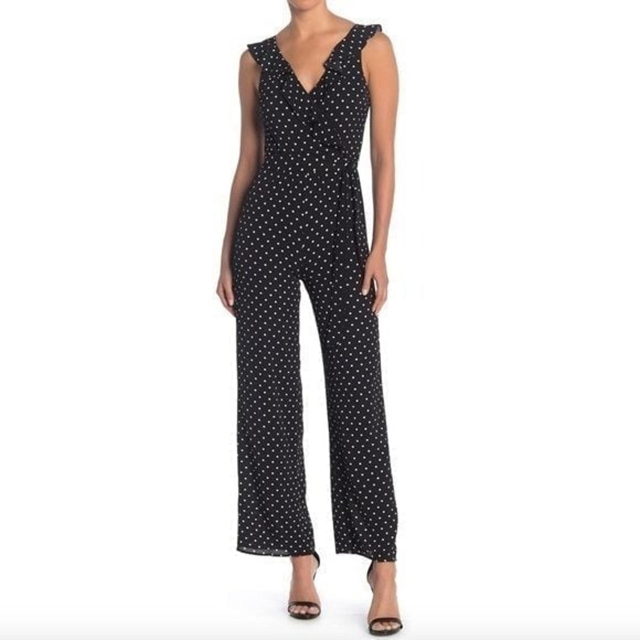 NWOT LOVE...ADY Black Cream Ivory Polka Dot Ruffle Sleeveless Jumpsuit Romper XS