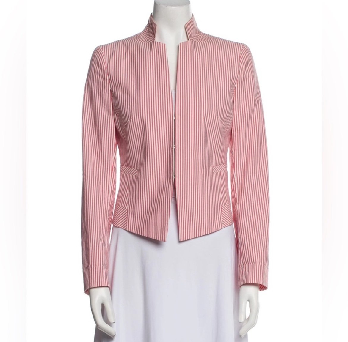 Akris Punto Seersucker Pink White Striped Cotton Blend Hook & Eye Blazer Size 8