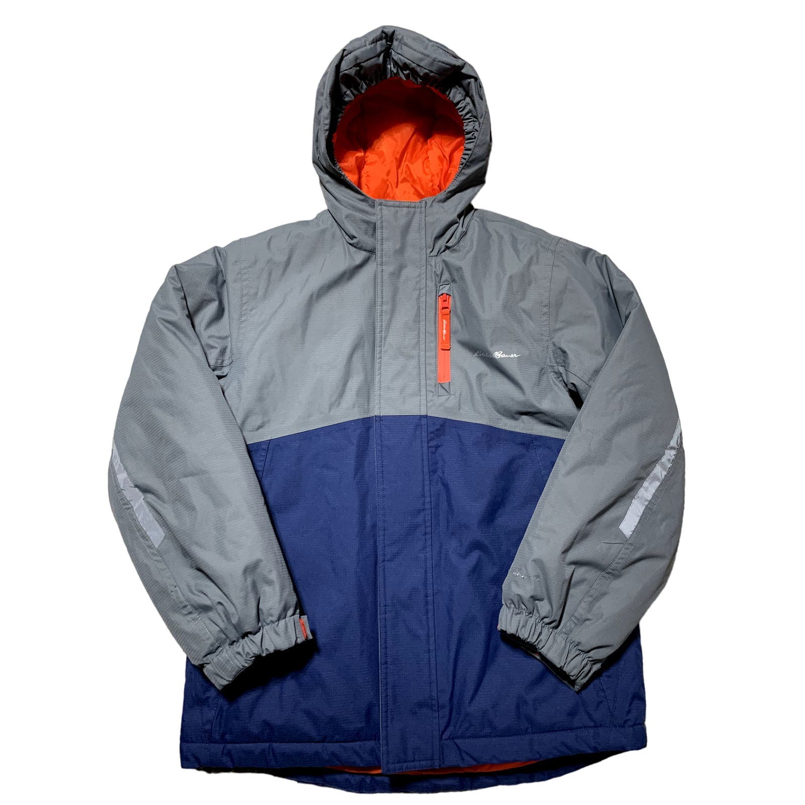 Eddie Bauer Boys M (10/12) Grey & Navy Blue Warm Hooded Zip Up Winter Coat