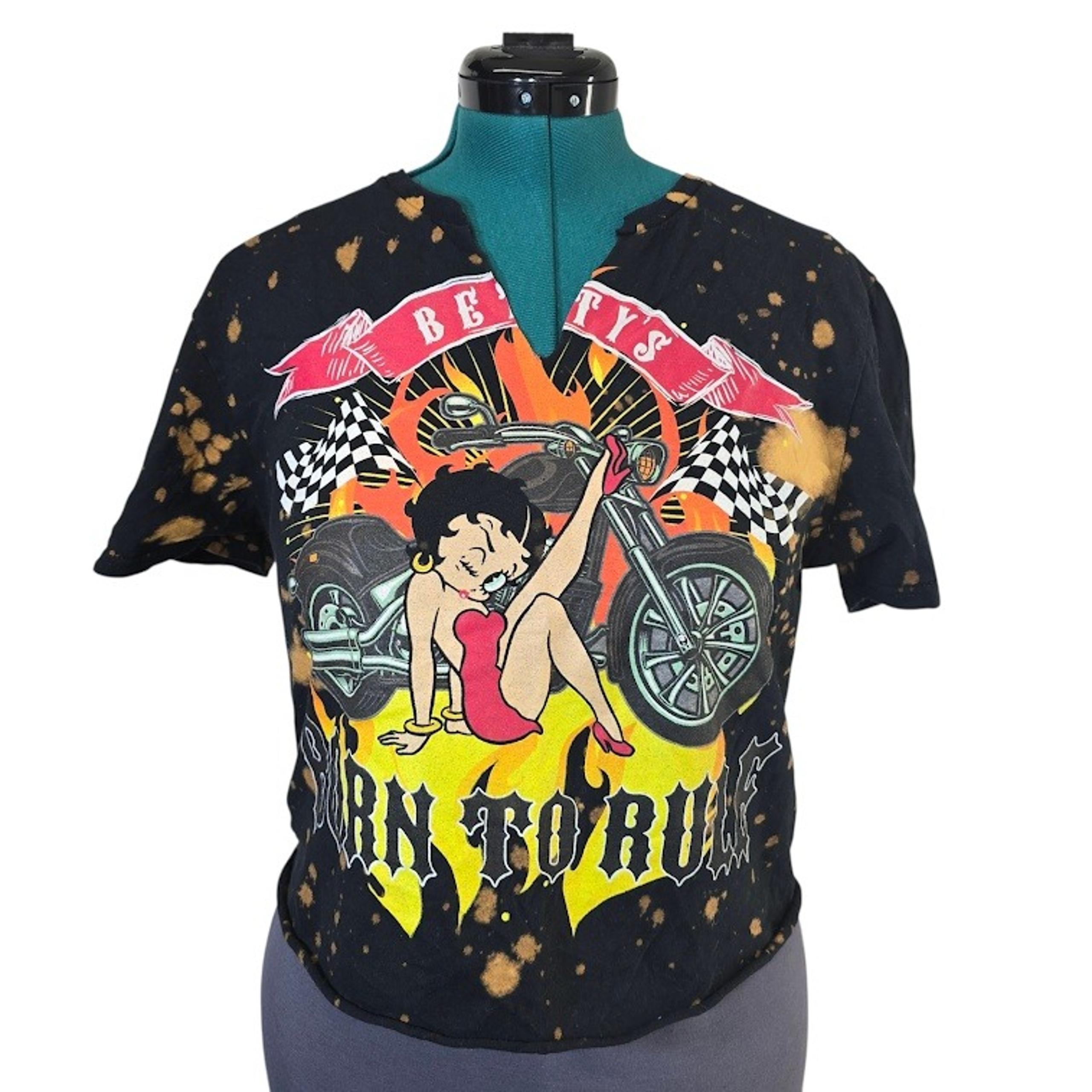 Betty Boop Graphic Tee Bleach Splatter Motorcycle Born to Run V-Neck M
