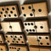 Old RARE! Butterscotch & black enrobed laminated spinner 25 dominoes 080122cDB