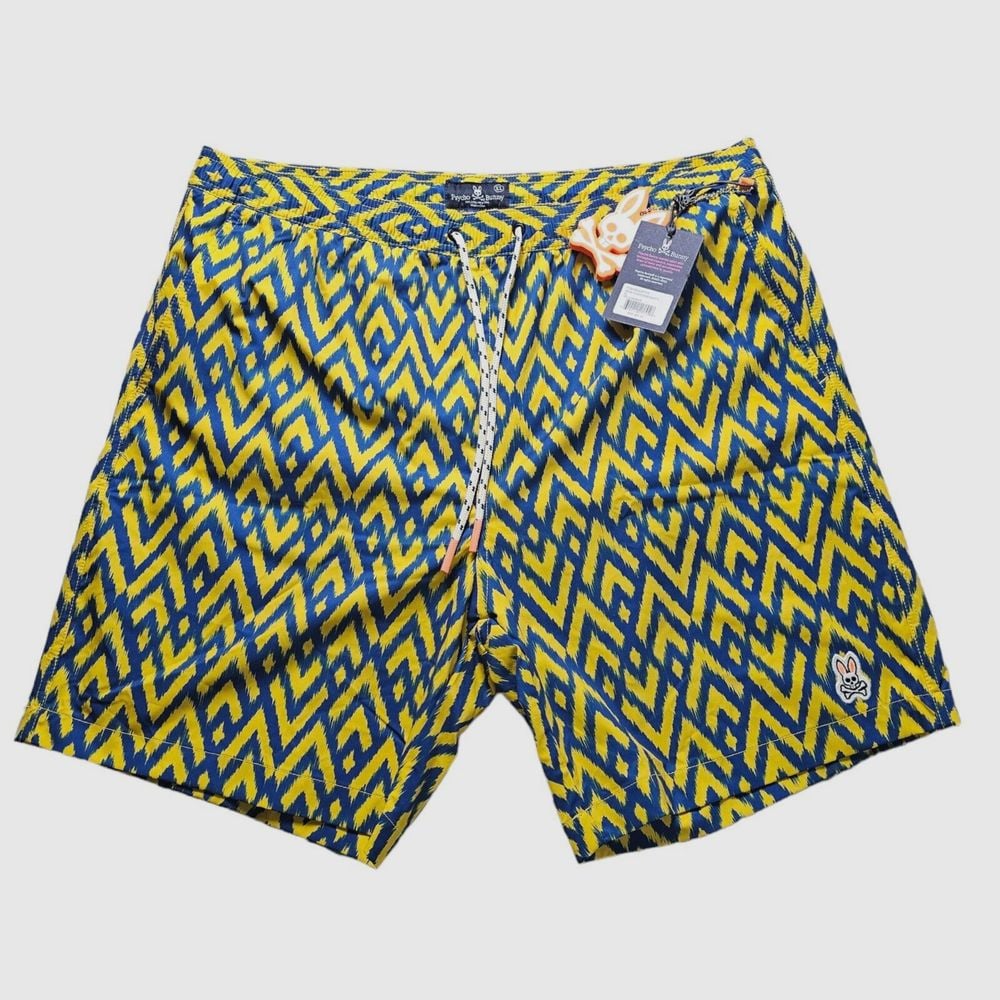 NWT Psycho Bunny XL Swim Trunks Acker Blue Yellow Chevron Zigzag Shorts Sundance