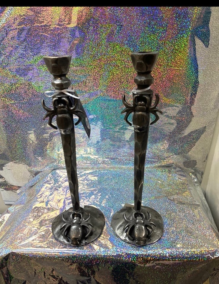 Halloween Spooky Spider Metal Candle Taper Holder Set of 2