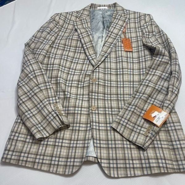 NWT Tallia Verdello Slim Fit Linen Tan Plaid Linen 2 Button Blazer Size 46L New