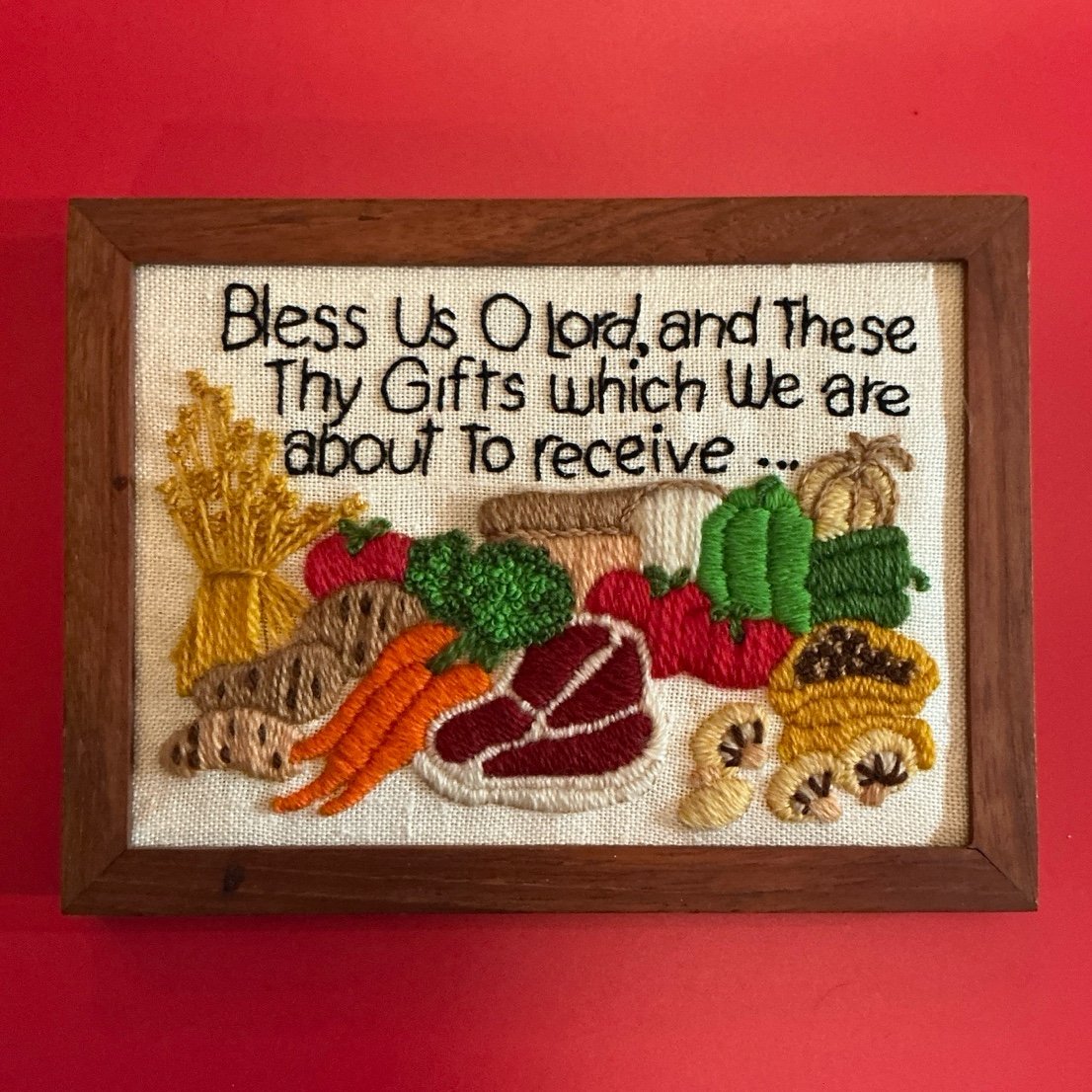 Framed 70s Crewel Embroidery Mealtime Grace Bless Us O Lord And These Thy Gifts