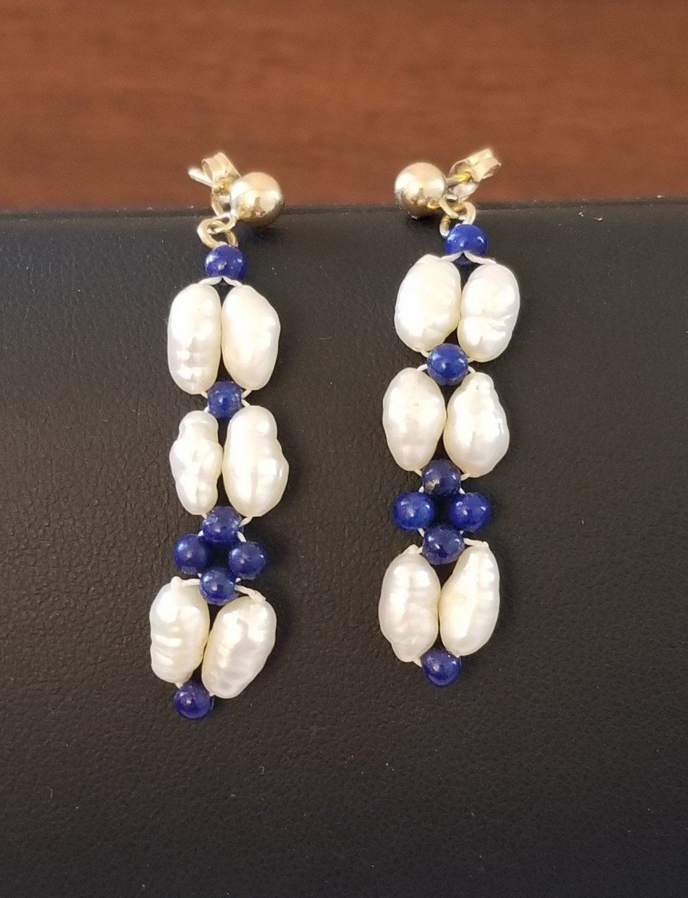 14K Gold Rice Pearl Lapis Earrings