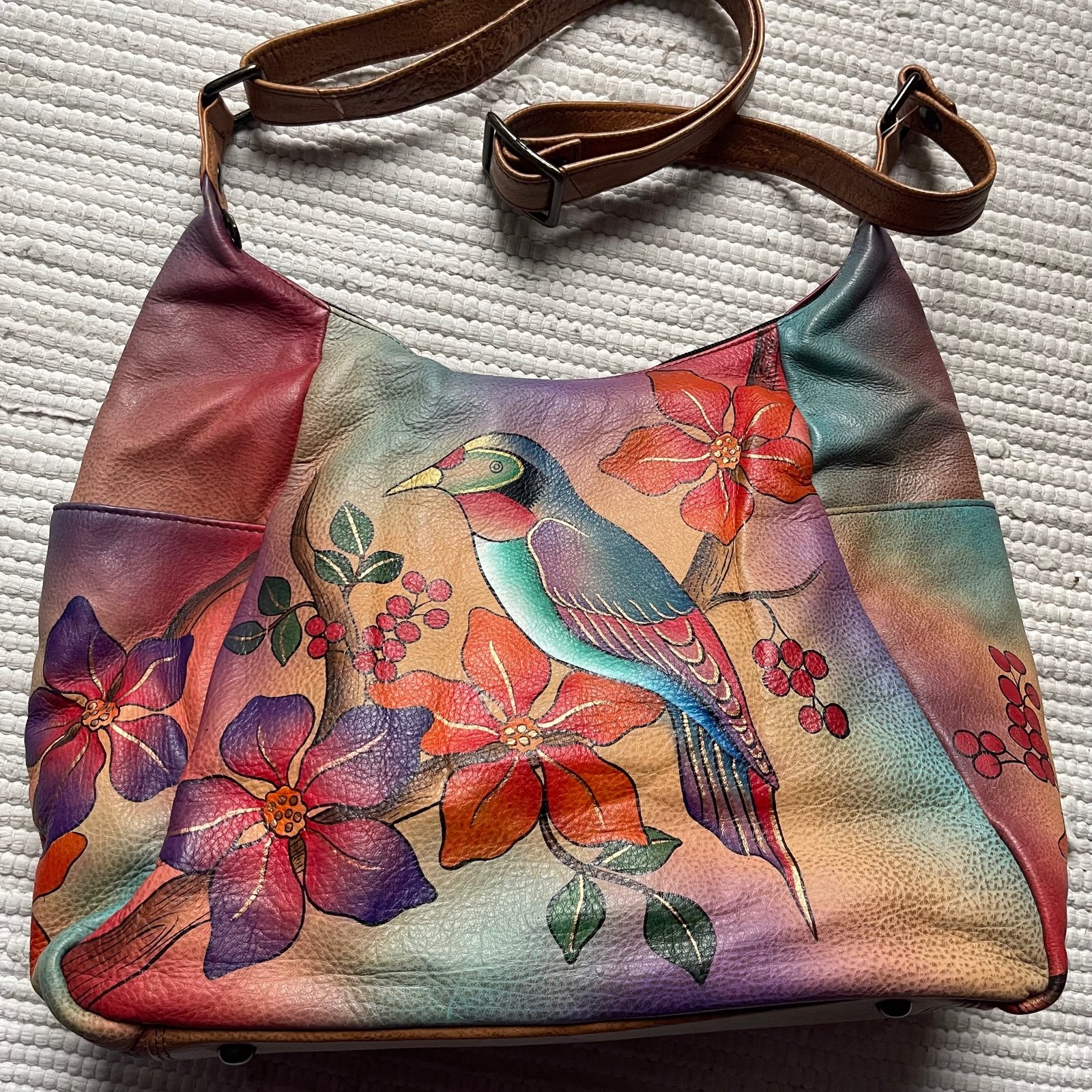 Anna by Anuschka Large Leather Muli-Pocket Hobo Hand Painted Flower Hummingbird Anna by Anuschka Large Leather Muli-Pocket Hobo Hand Painted Flower Hummingbird