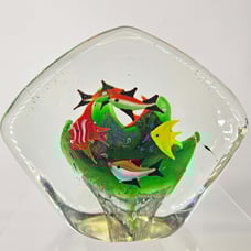 Vintage free form Glass Two Sided Aquarium 7 Fish coral reef paperweight
