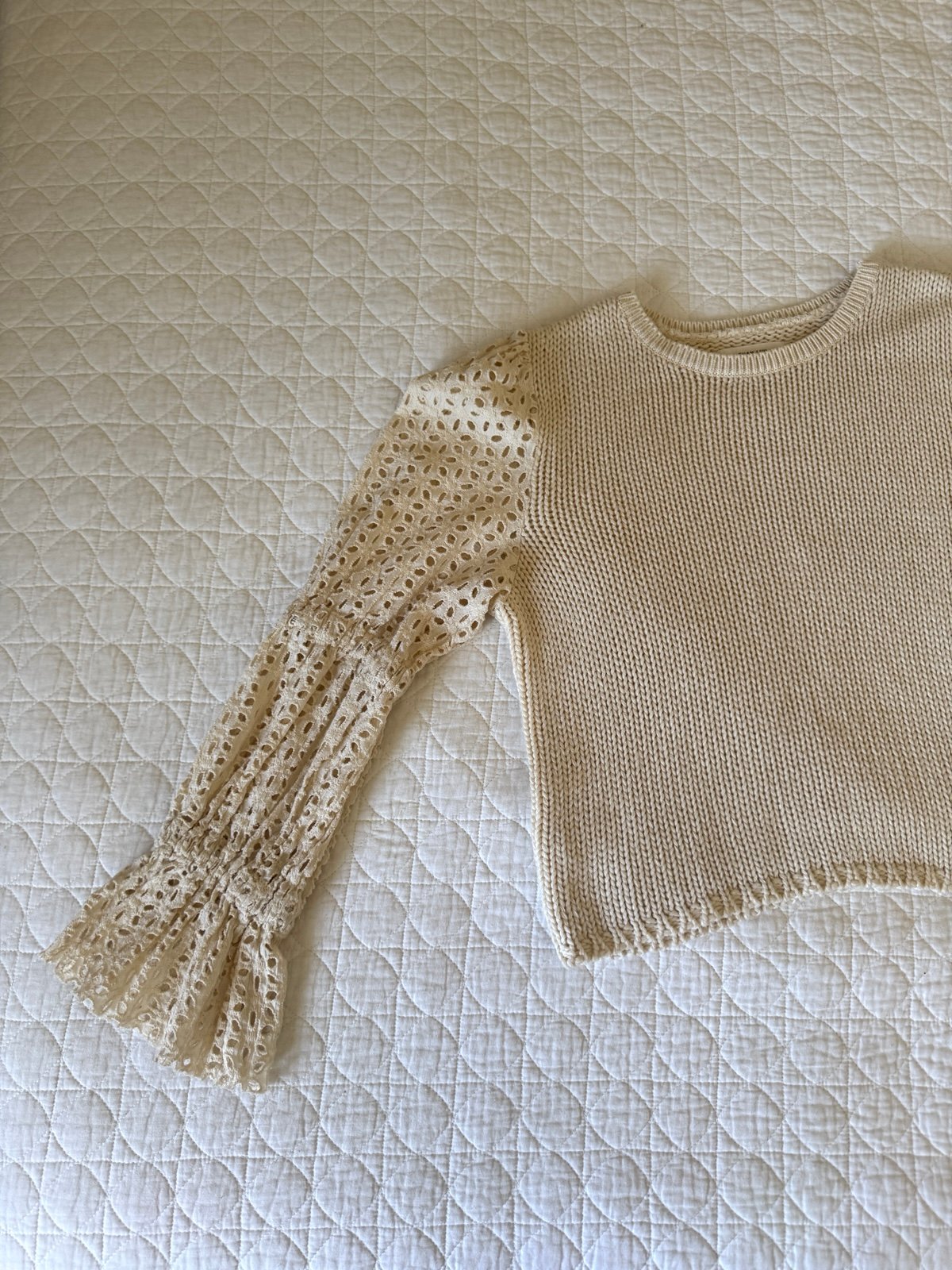 Cream Chan Luu Crochet Puff Sleeve Sweater