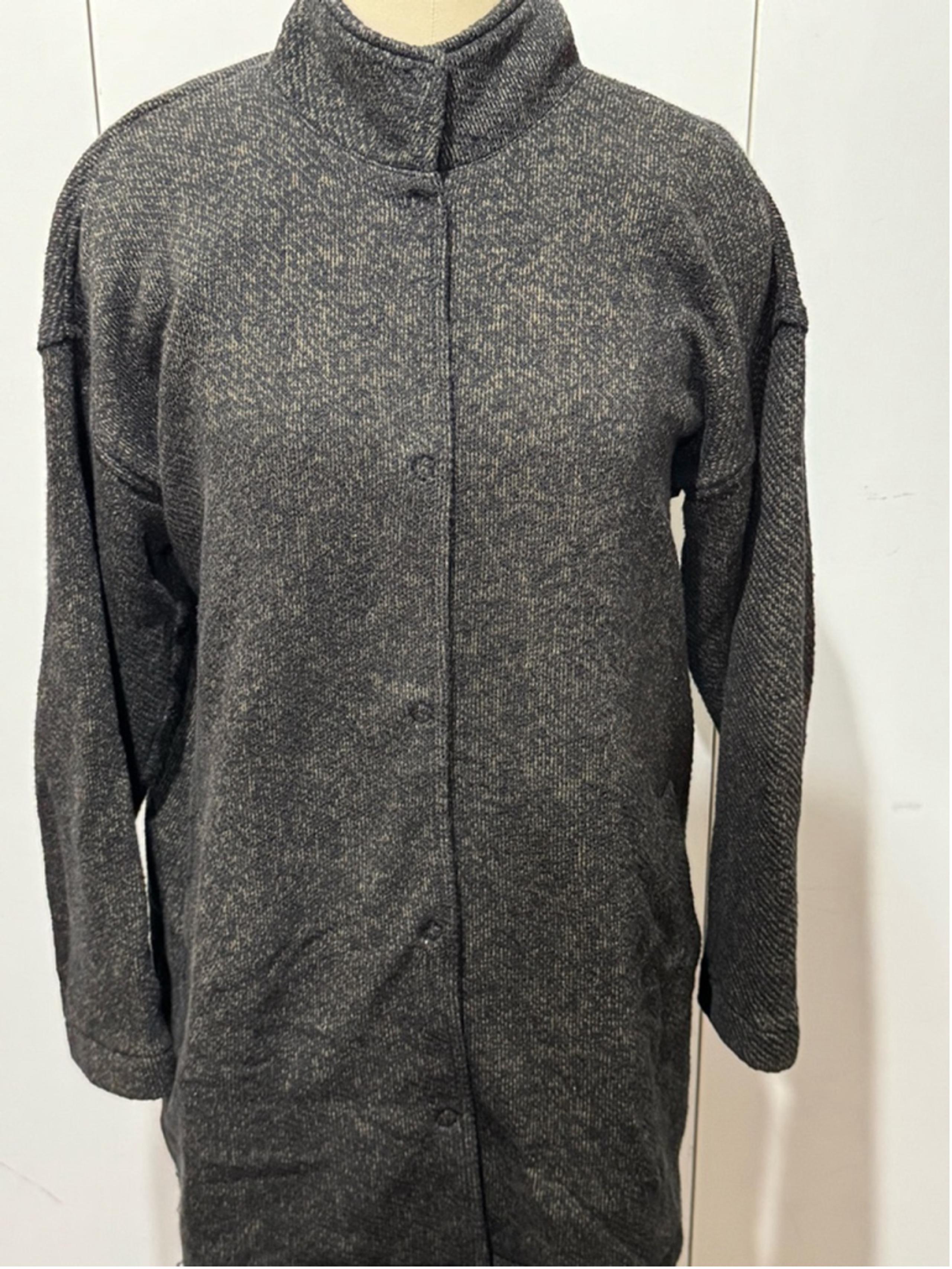 Women's Eileen Fisher tunic snap front sweater coat Size S black Brown pockets