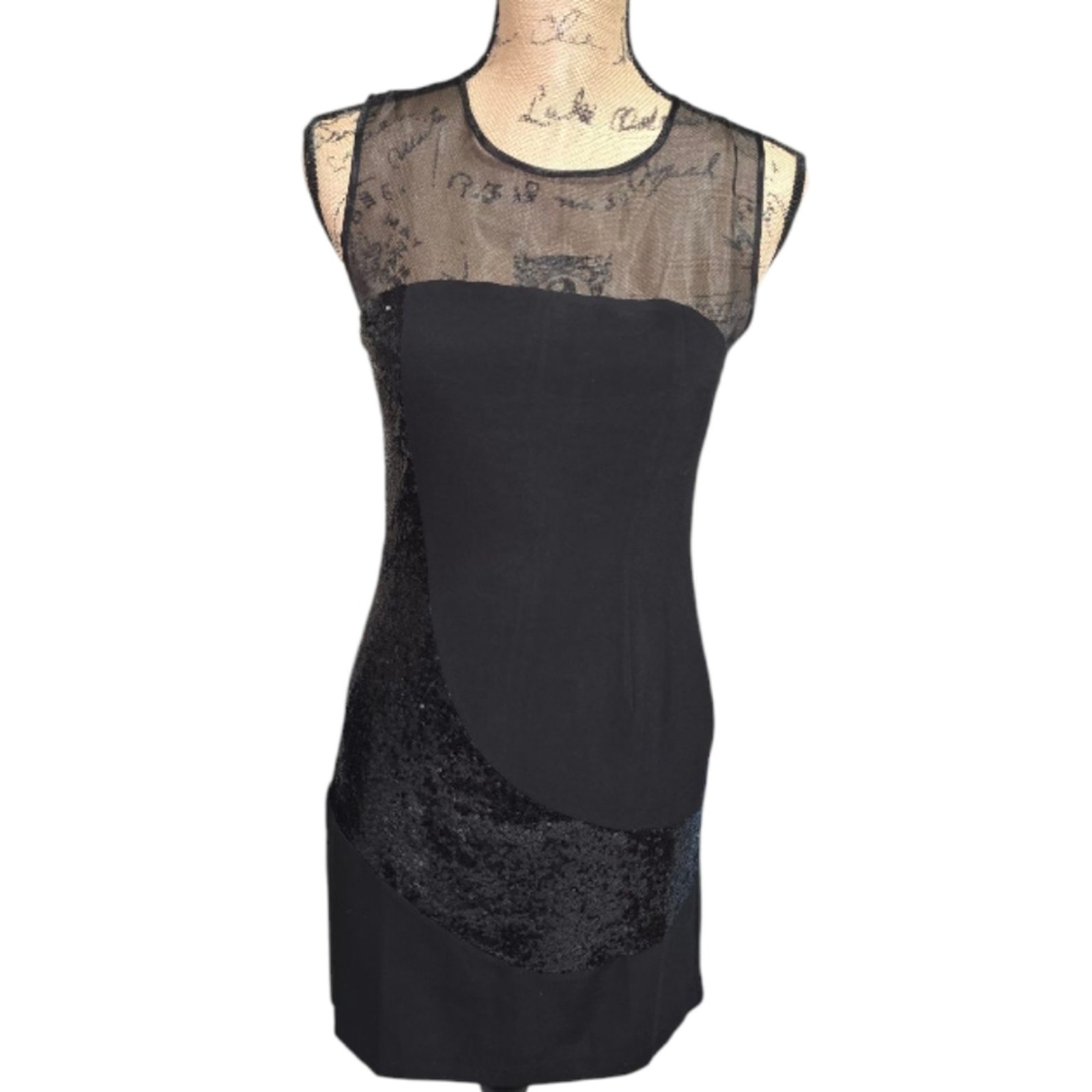 Carmen Marc Valvo Black Sleeveless Dress with Sheer Mesh and Sequin Details 2