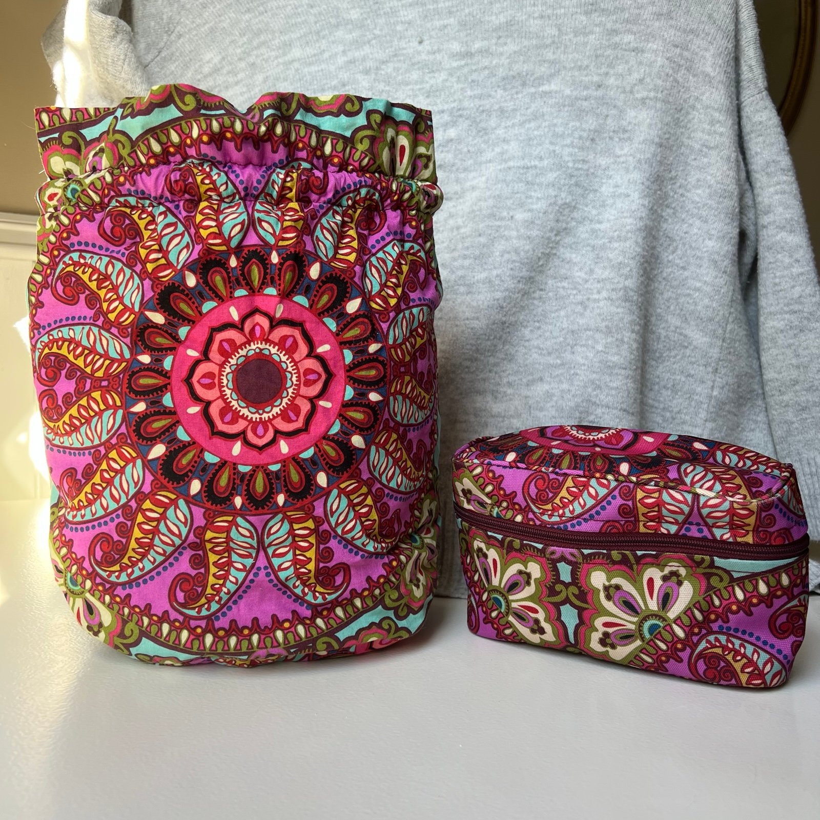 Vera Bradley Set Of 2 Quilted Drawstring Bag & Small Pouch Pink Pretty Travel
