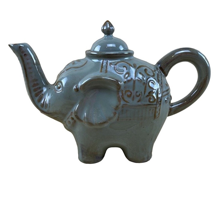 Pier 1 Imports Stoneware Elephant Tea Pot - Grey with Brown & Green Highlights