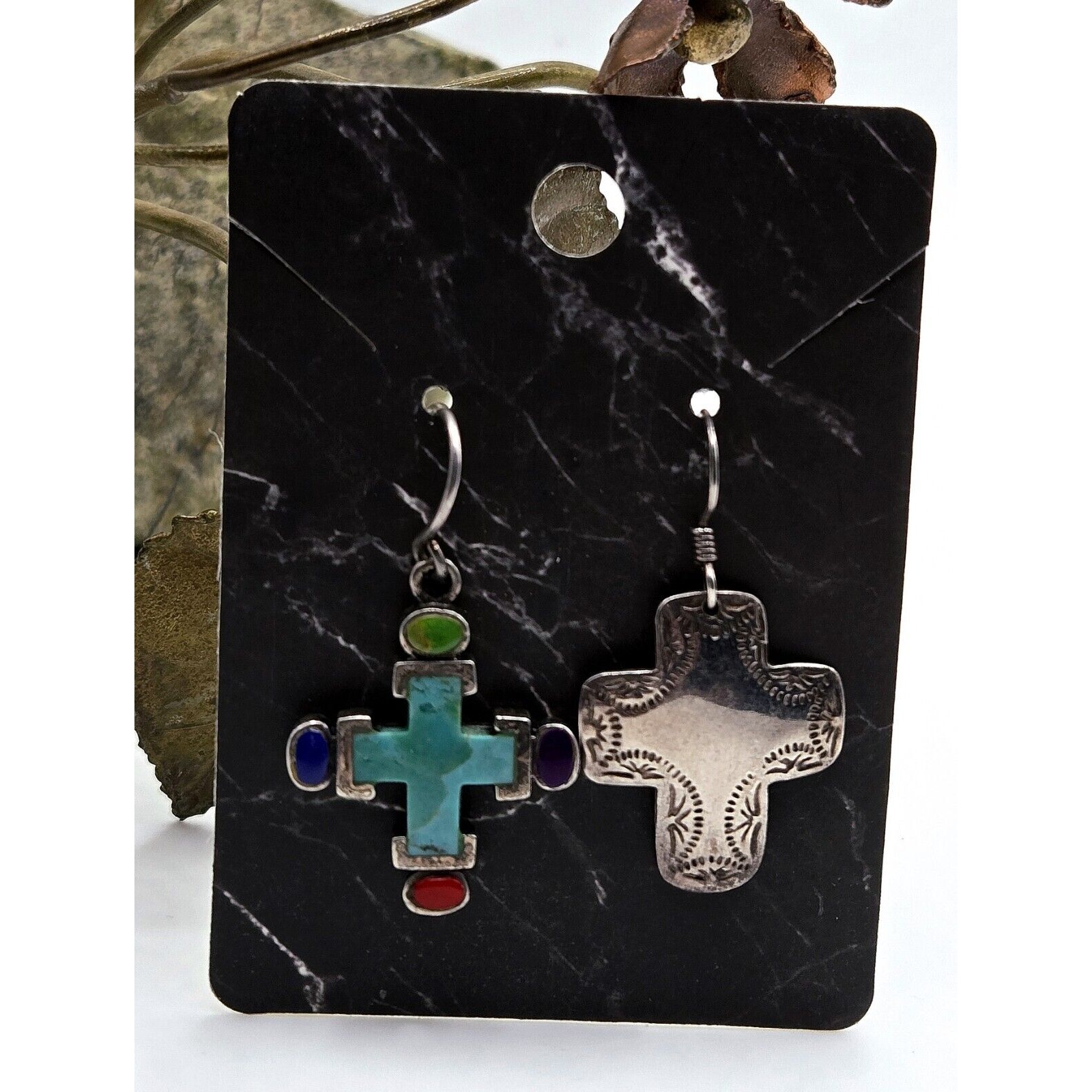 Vtg Sterling Silver Native American Turquoise Cross Mismatched Dangle Earrings