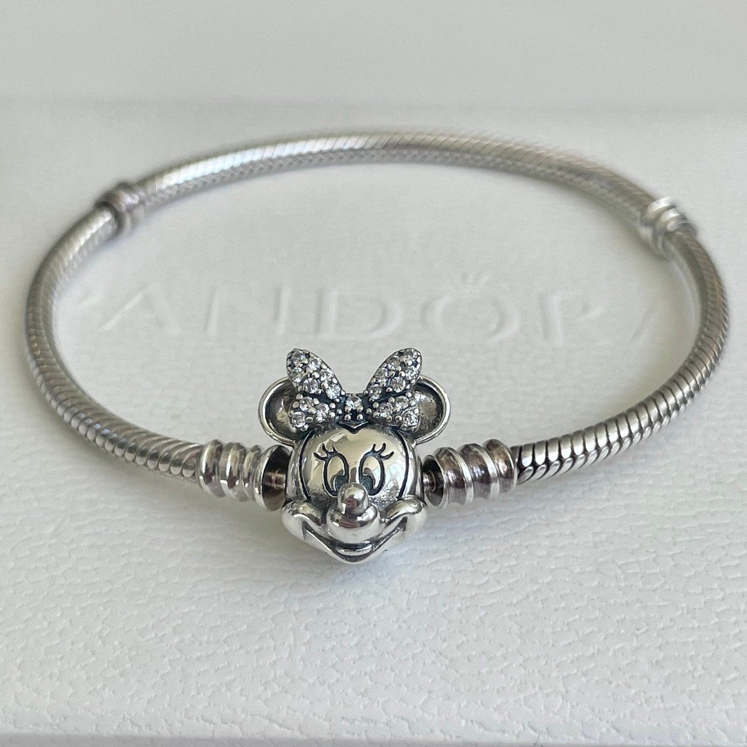 Disney x Pandora Moments Pavé CZ Minnie Mouse Clasp Snake Chain Bracelet + Box