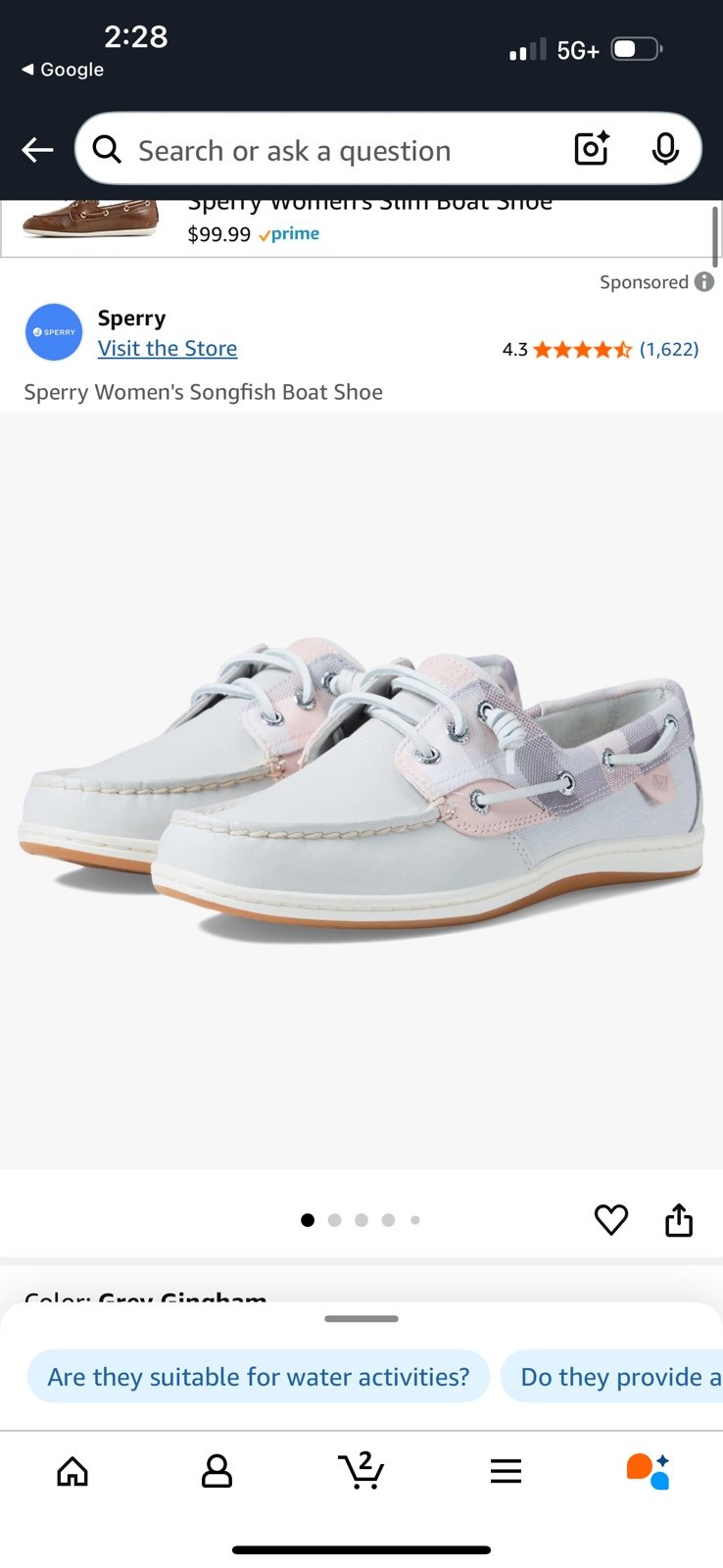 Sperry Songfish Leather Boat shoe Grey Gingham Sz 6.5
