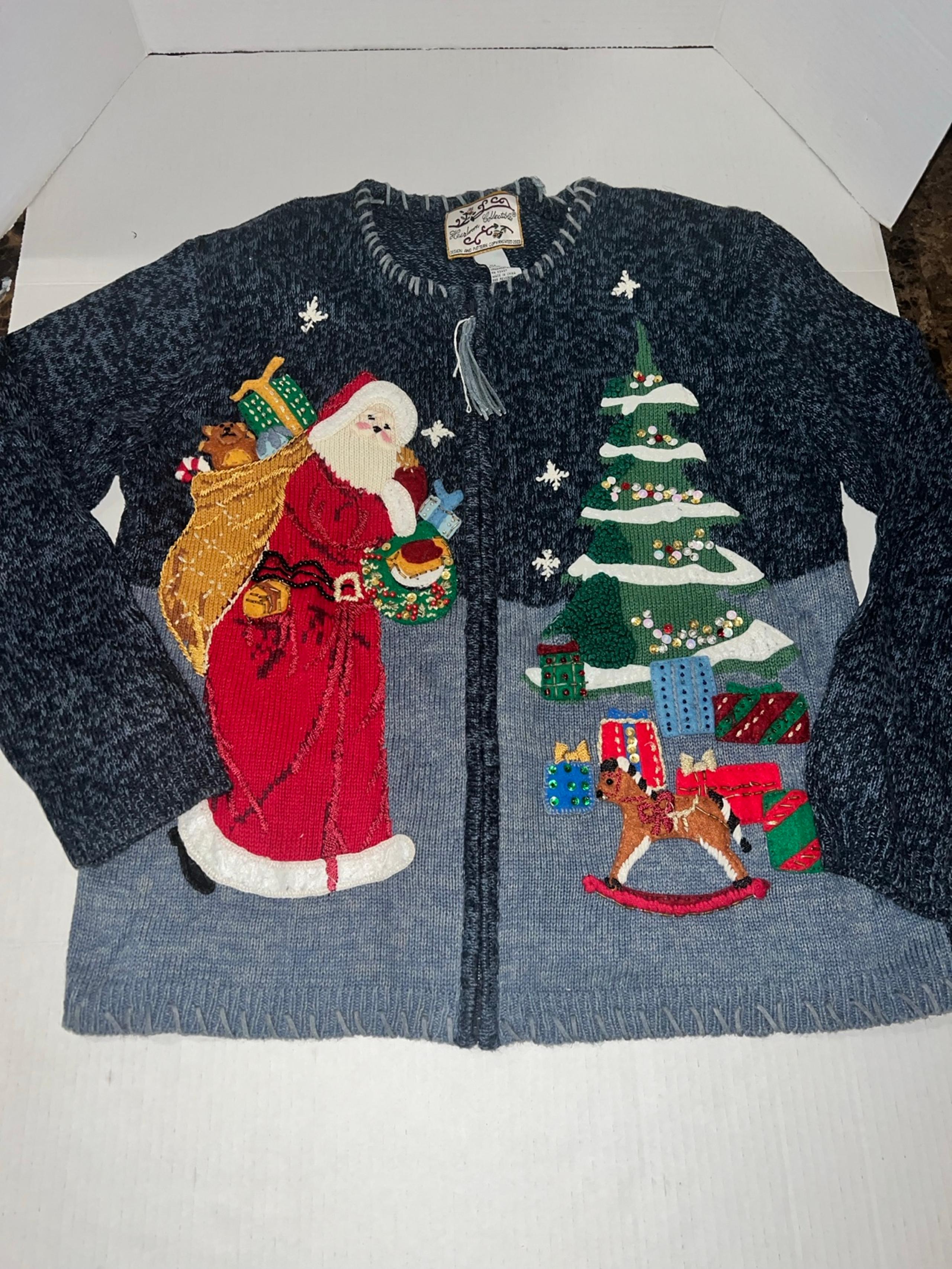 VTG Heirloom Collectibles full Zip Cardigan Women Medium Santa Christmas Sweater