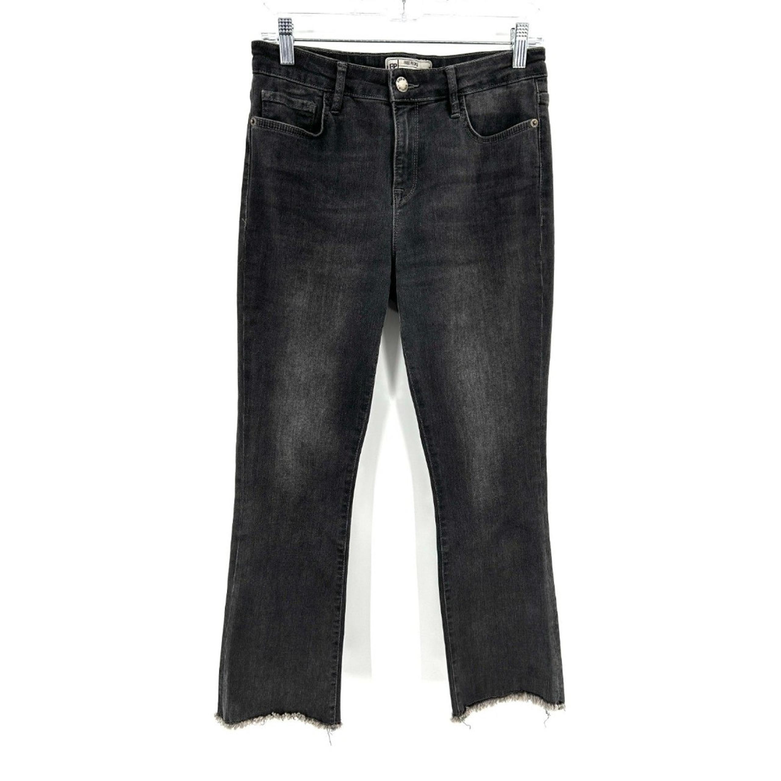 FREE PEOPLE Women's Black High Rise Raw Hem Straight Leg Boho Cropped Jeans 29