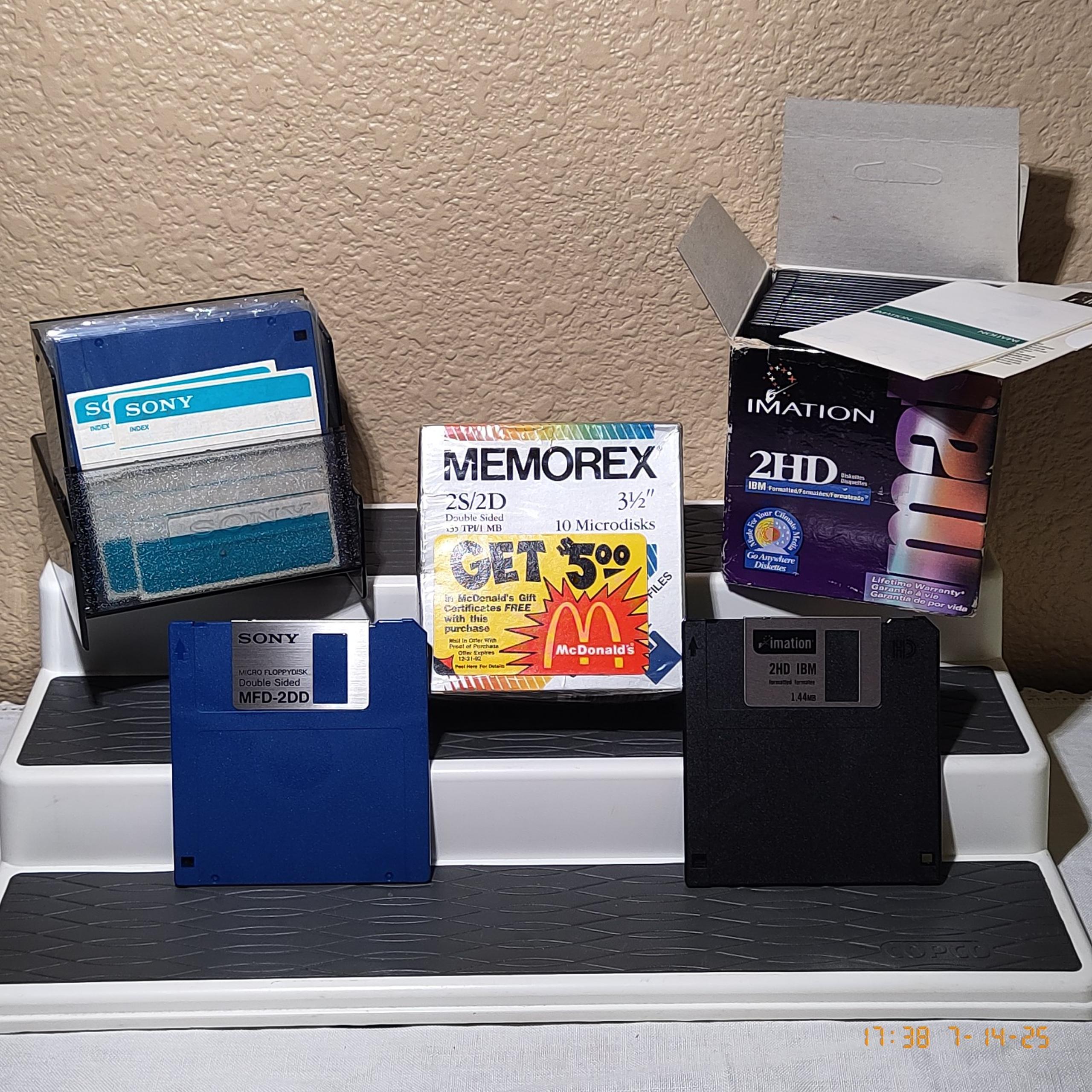 LOT 38  3.5" Floppy Disks; 8 Sony MFS-2DD; 20 Imation 2HD +Memorex 2S/2D SEALED