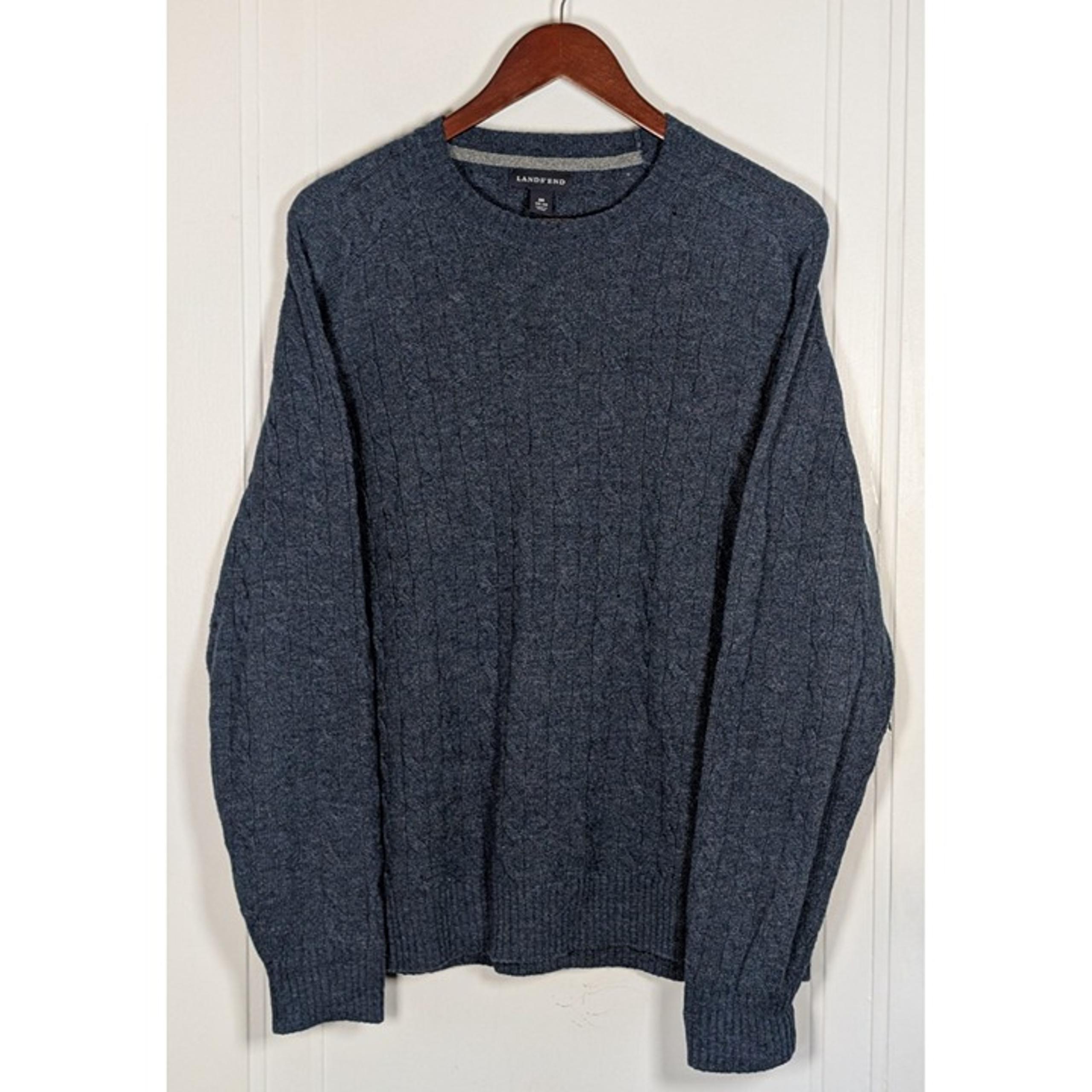 Lands End Sweater Mens Size Medium Merino Wool Blend Cable Knit Pullover Blue