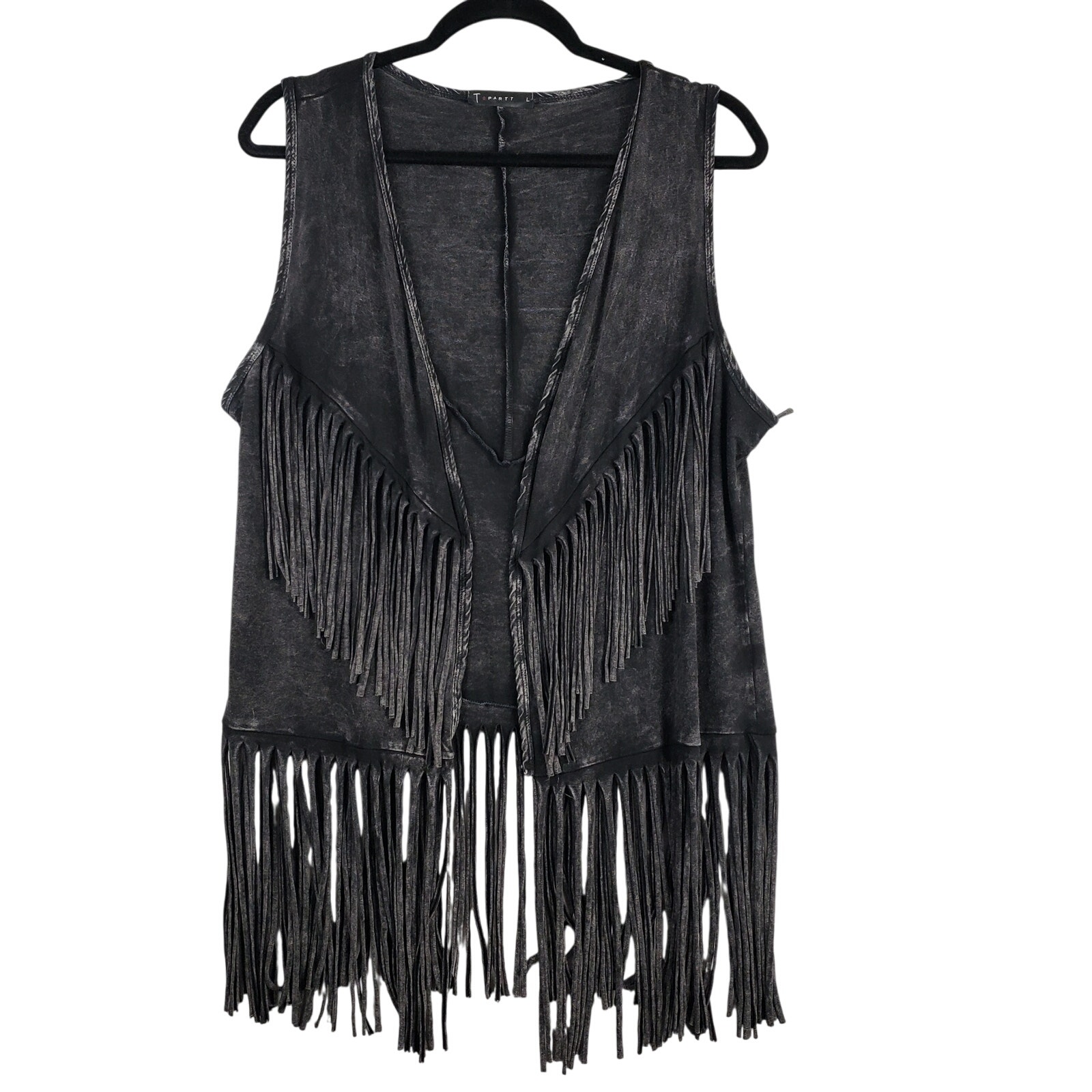 T Party Size L Fringe Tassle Vest Washed Black Cowgirl Wountry Western Concert