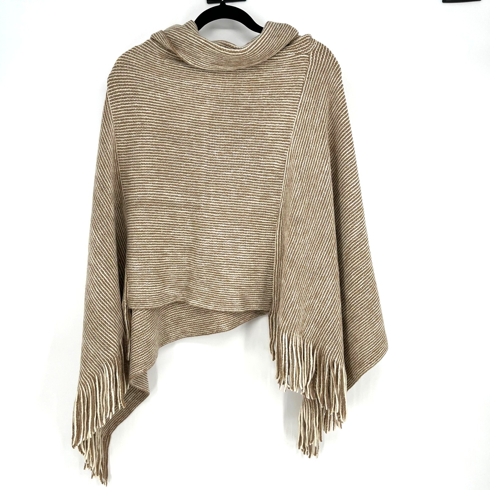 Chicos Sweater Poncho Metallic Cowl Neck Knit Fringe Vanilla Almond OS NWT