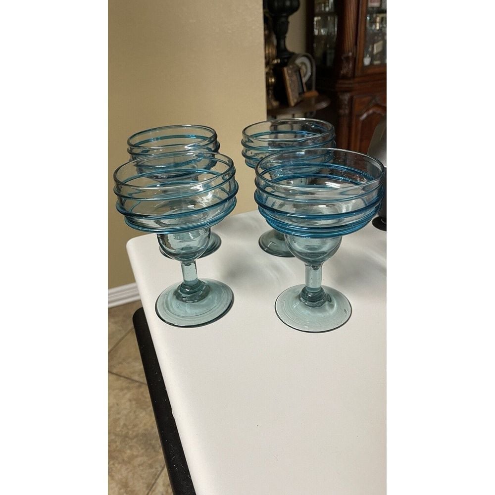 Mexican Hand Blown Glass – Set of 4 Hand Blown Margarita Glasses - approx 10 oz