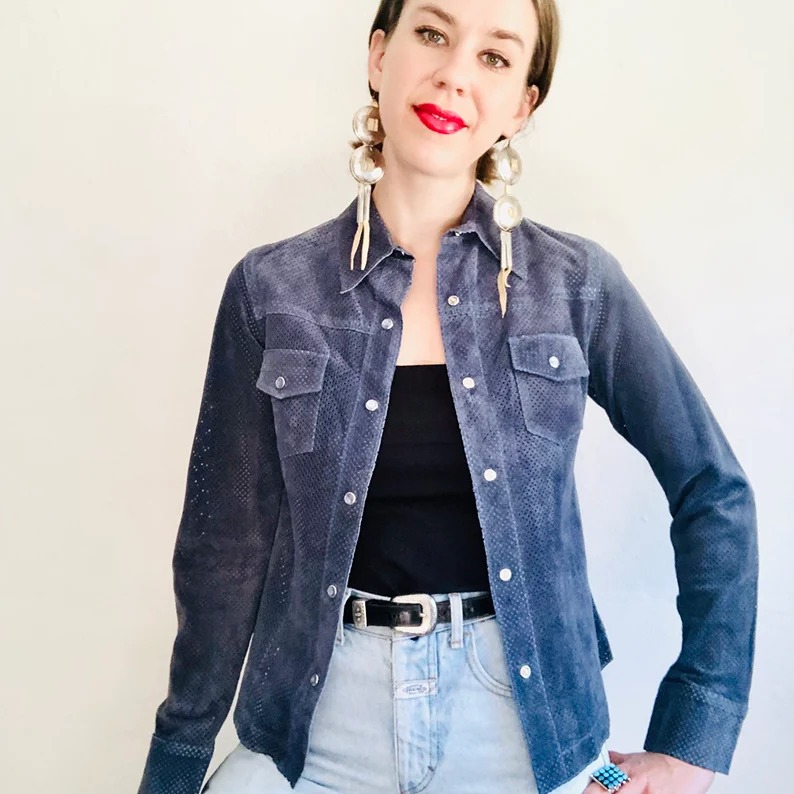 90s Suede Western Jacket, XS, Vintage Y2K Leather Mesh Blue Gray Western Cowgir