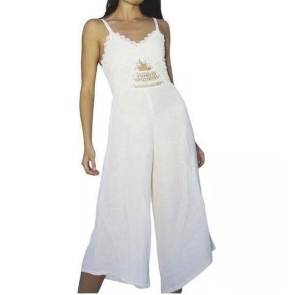 Nightcap Clothing White Crochet Bodice Wide Leg Jumpsuit NWT Size Extra Small