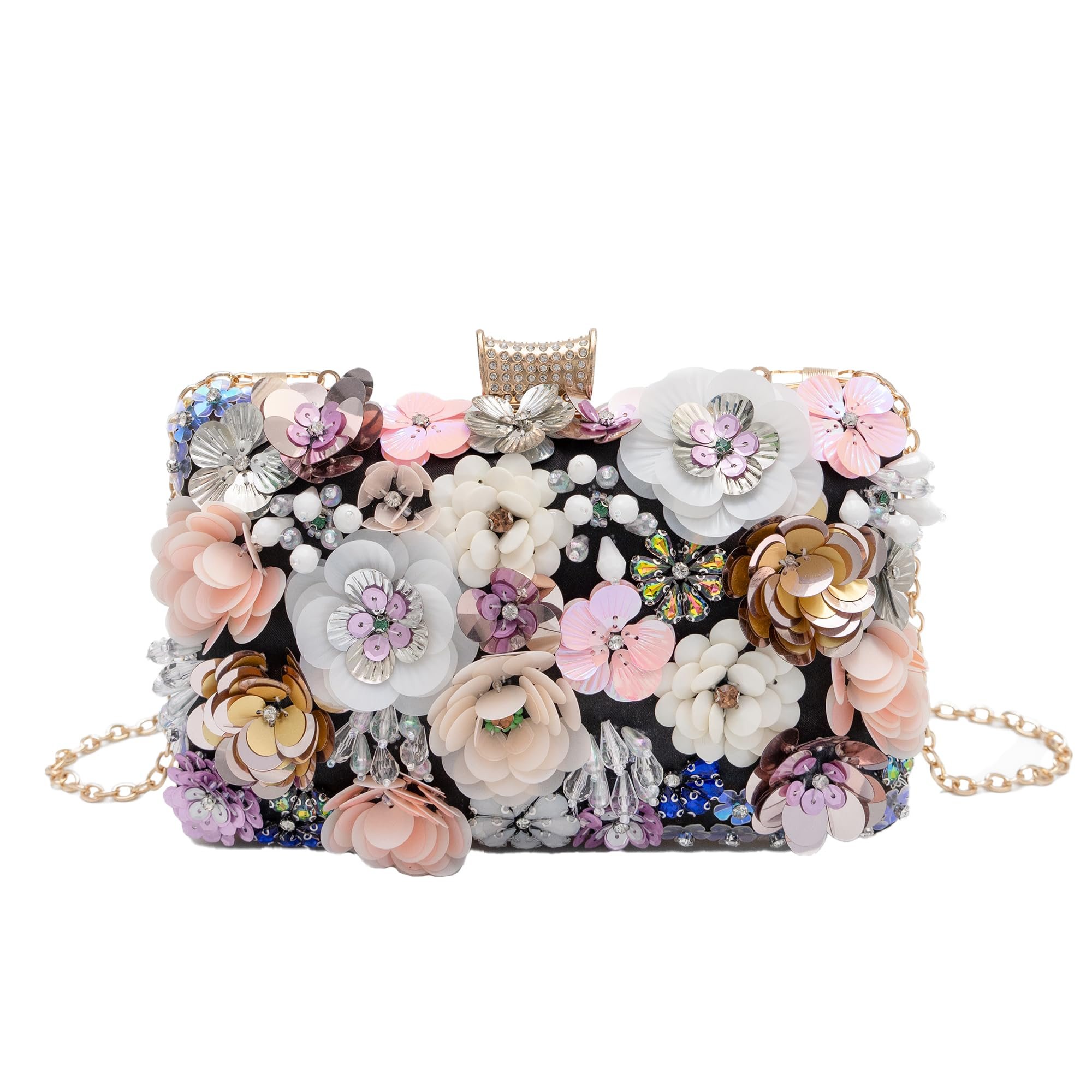 Floral Beaded Evening Bag for Women - Black