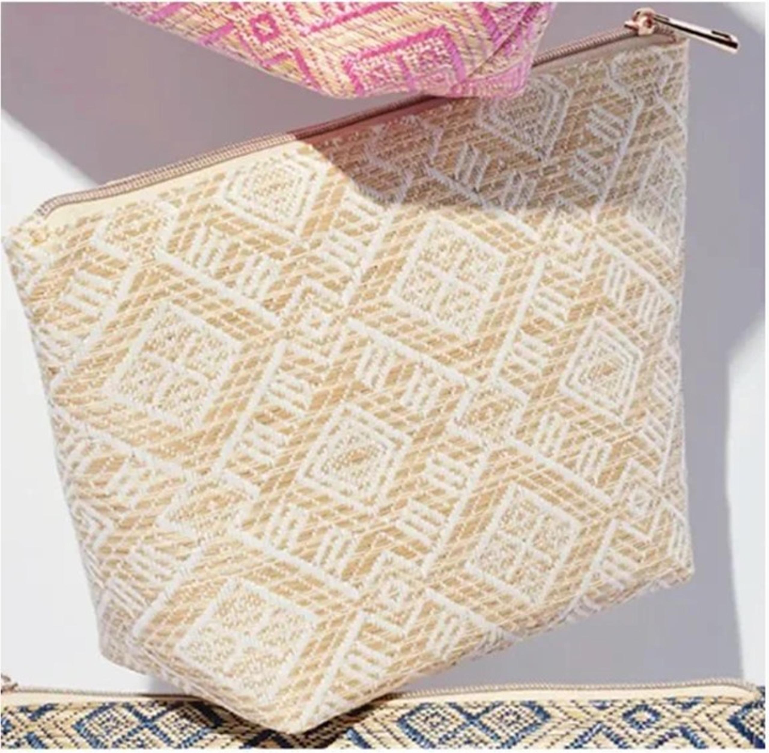 New Stephanie Johnson Laura Spacious Trapezoid Makeup Bag in White and Beige