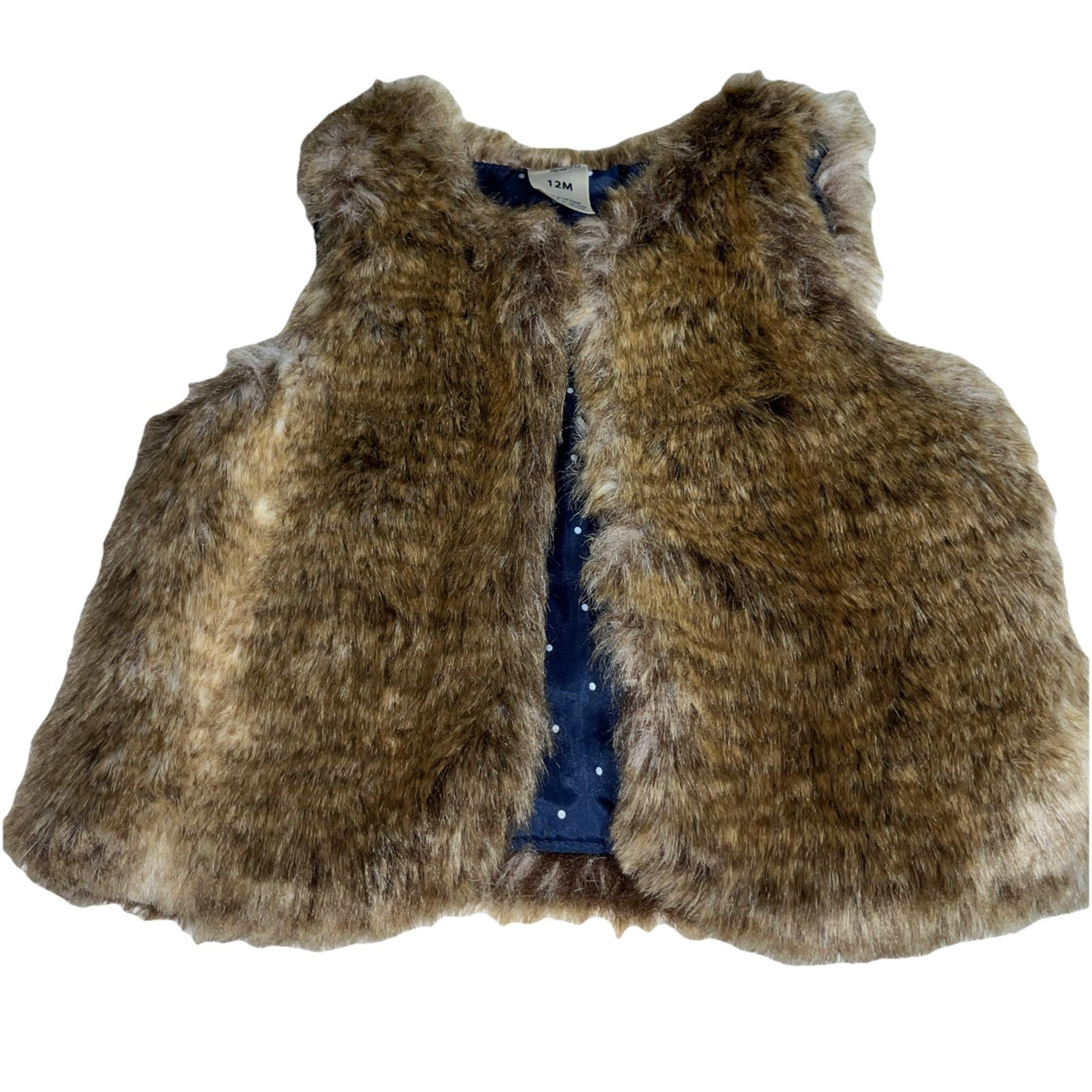 Oshkosh B'Gosh Girl's Sleeveless Shaggy Faux Fur Jacket Vest 12M Brown Navy Blue