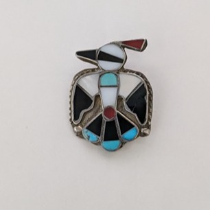 Vintage ZUNI Native American Sterling Silver Stone Inlay Thunderbird Brooch Pin