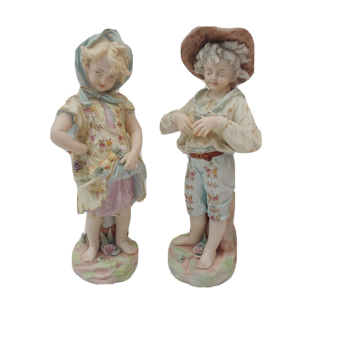 Vintage Ornate Bisque Porcelain Harvest Boy & Girl Signed J Morie 11” Figurines