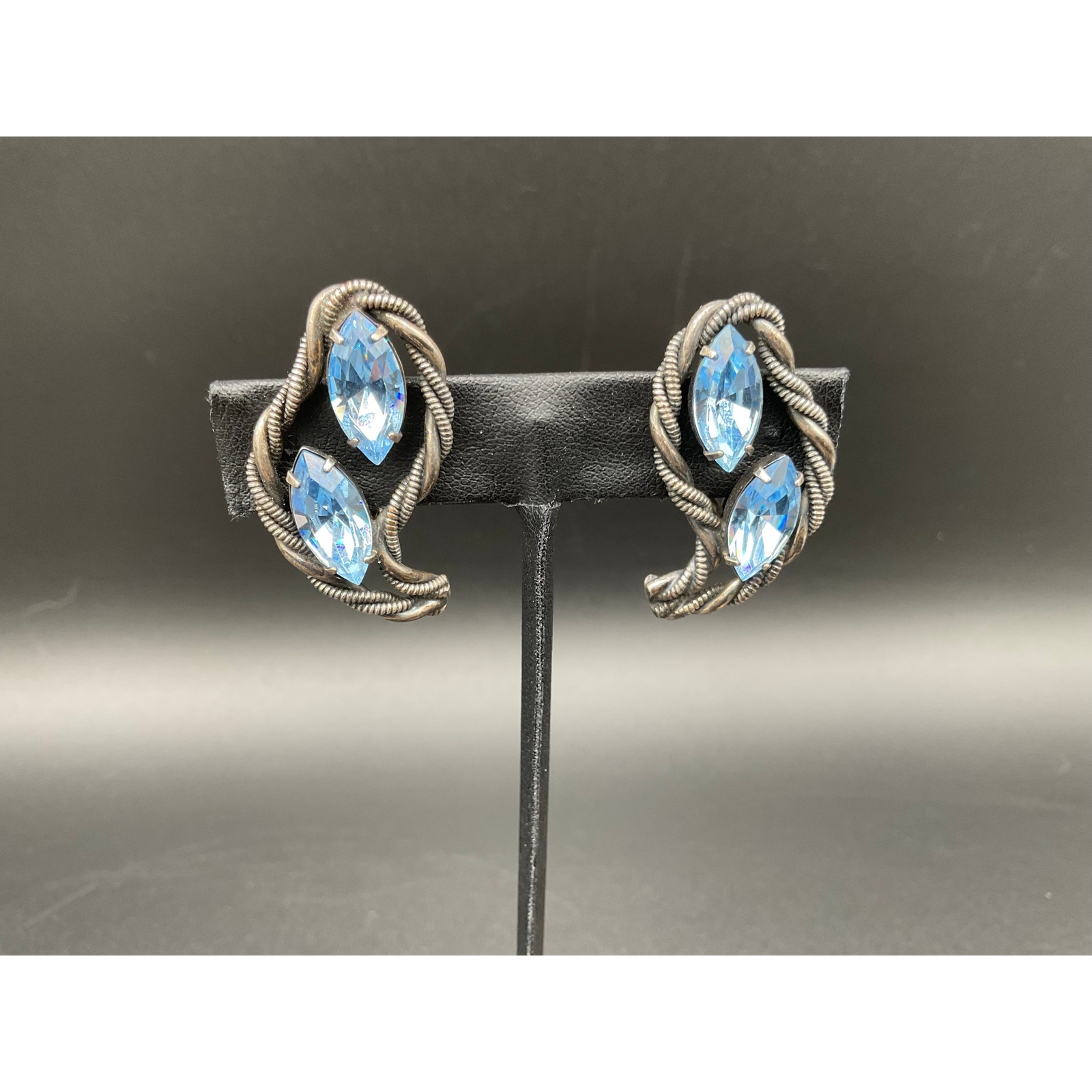 Rare Vintage Napier Coil Wrapped Clip Earrings Marquise Glass Statement Jewelry